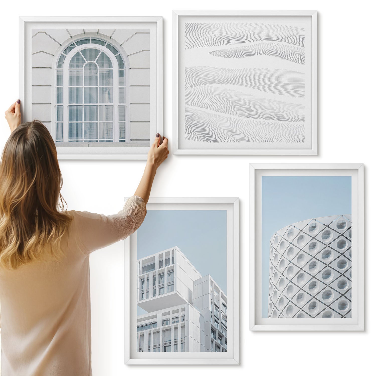 Galeria ścienna 4-częściowy komplet obrazów w białych ramach - Nowoczesna architektura minimalizm i geometria - ArtPrintCave