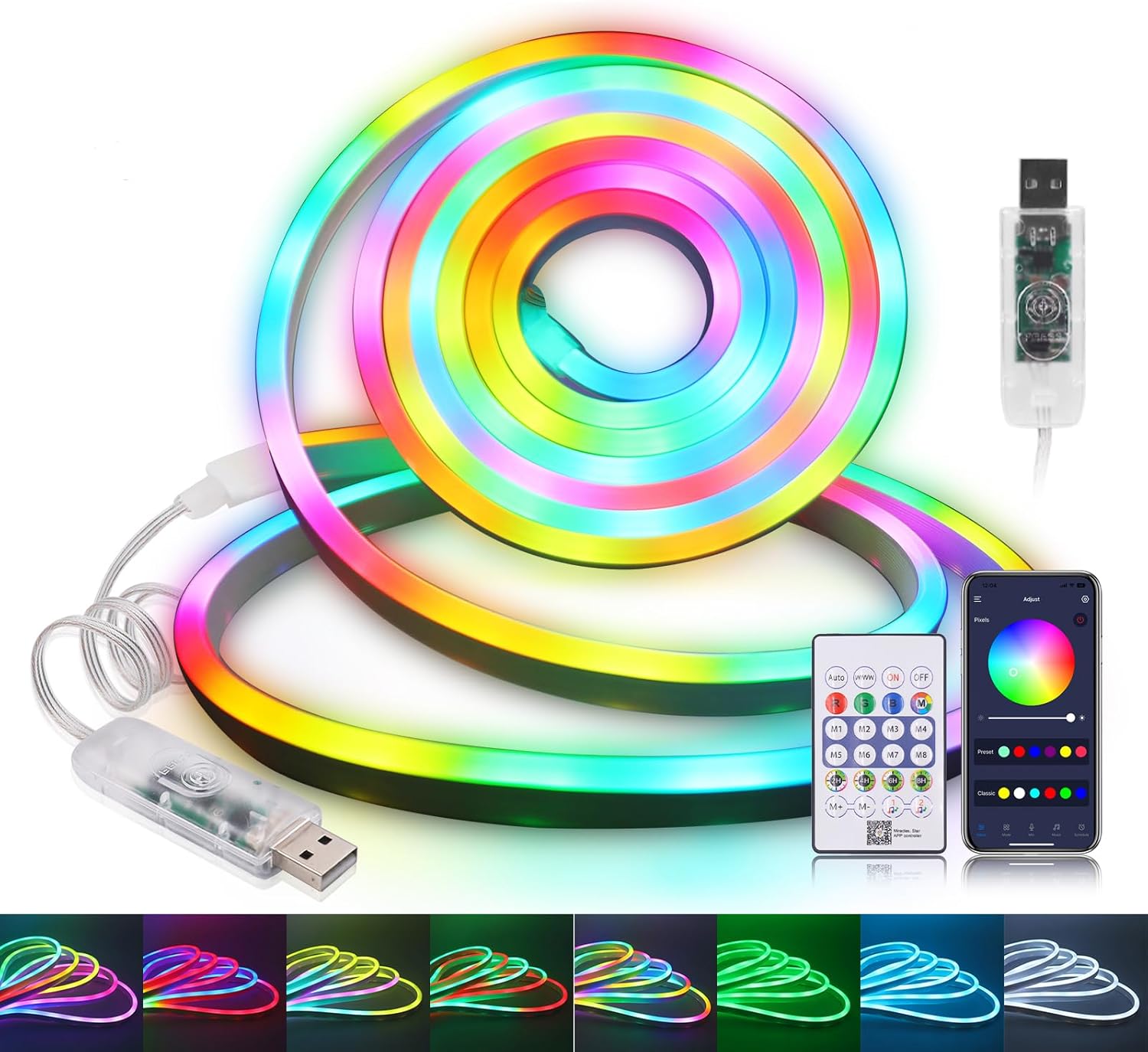 Taśma LED neonowa RGBIC 5V USB, wodoodporna IP67, z pilotem na podczerwień Bluetooth 24-klawiszowym USB do dekoracji wnętrz i na zewnątrz. 2 m