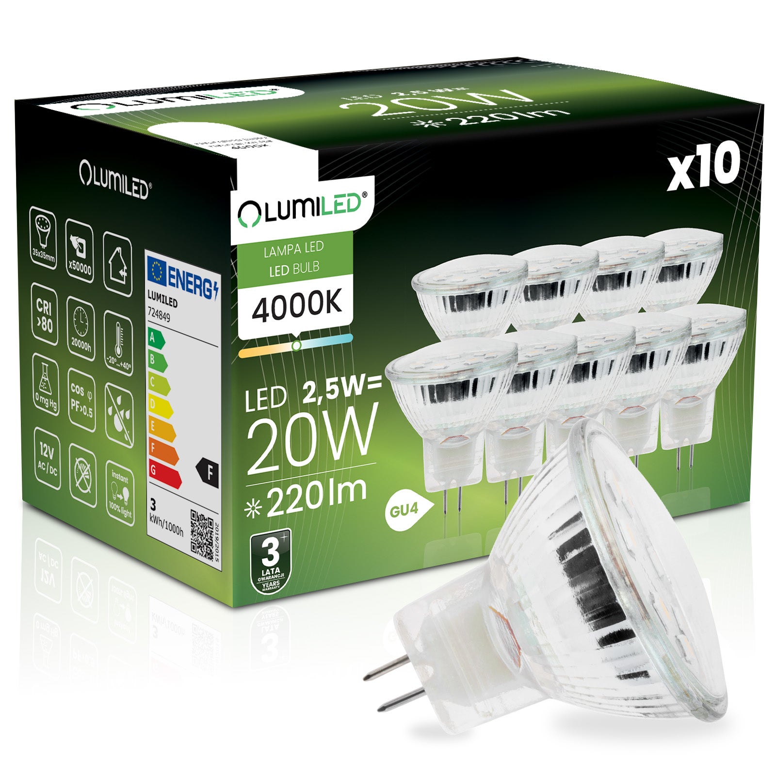 10x Żarówka Lumiled LED GU4 Reflektor MR11 2,5W = 20W 220lm 4000K Neutralna 120st