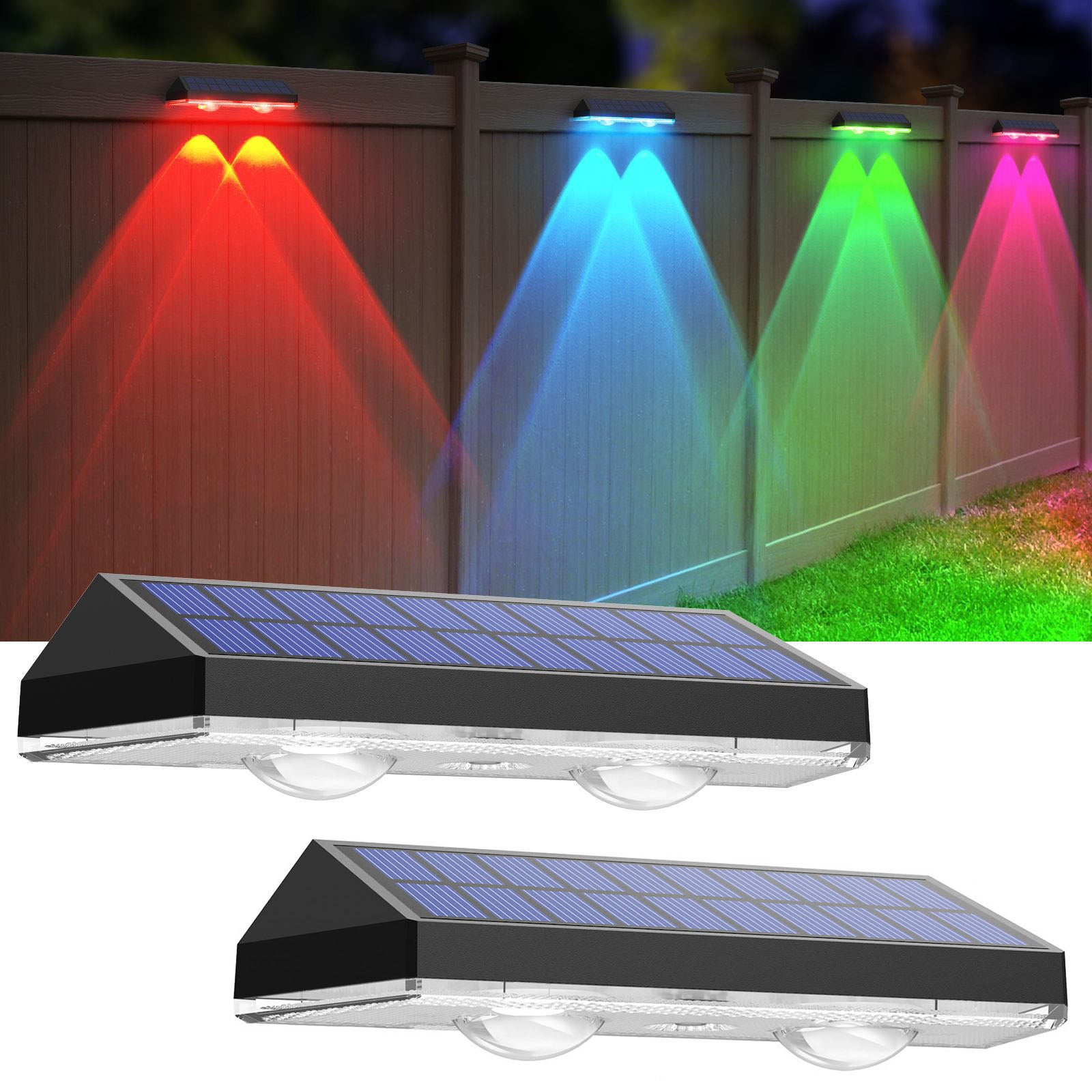 Zewnętrzne lampy ścienne słoneczne, 2 sztuki, światła do ogrodzenia i podwórka [świetlenie w siedmiu kolorach + gradient w siedmiu kolorach]