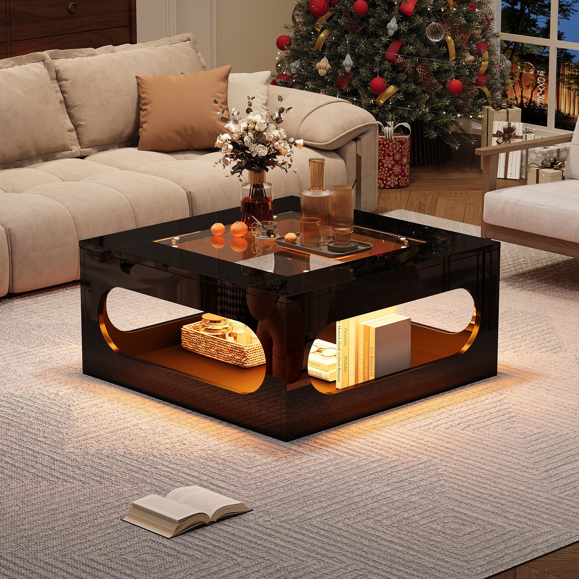 Stolik kawowy kwadratowy ze szklanym blatem - 70 x 70 x 35 cm - diody LED - MDF - czarny