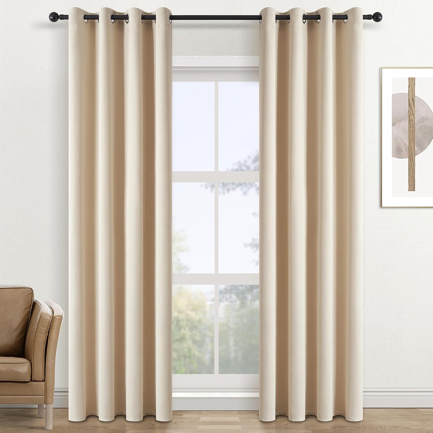 Beżowa zasłona zaciemniająca 150x250 cm, 2 panele, termoizolacyjna, z przelotkami, zasłony redukujące hałas do salonu, dekoracyjne zasłony do pokoju d