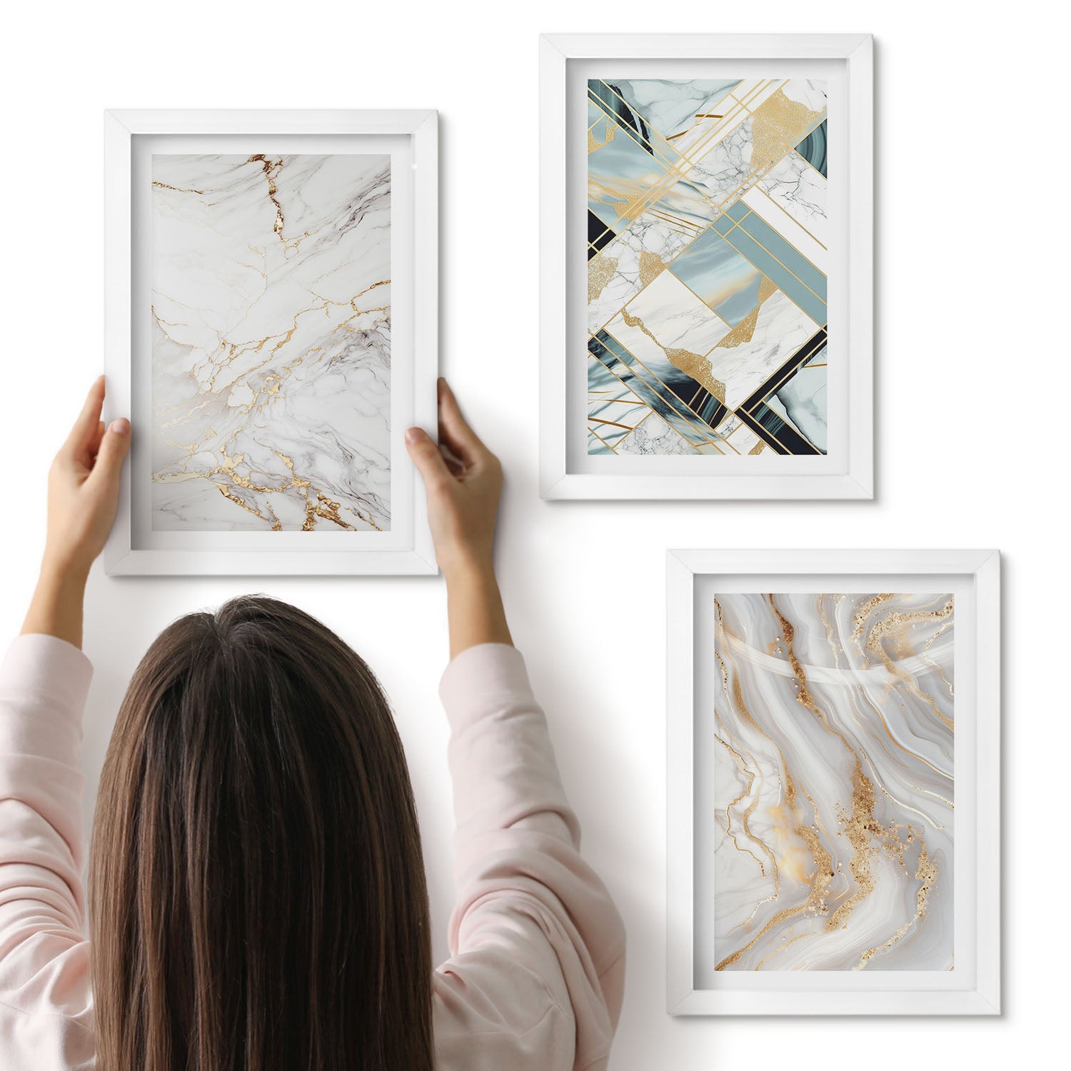 Galeria ścienna 3-częściowy komplet obrazów w białych ramach - Eleganckie modne wzory marmurowe abstrakcja - ArtPrintCave