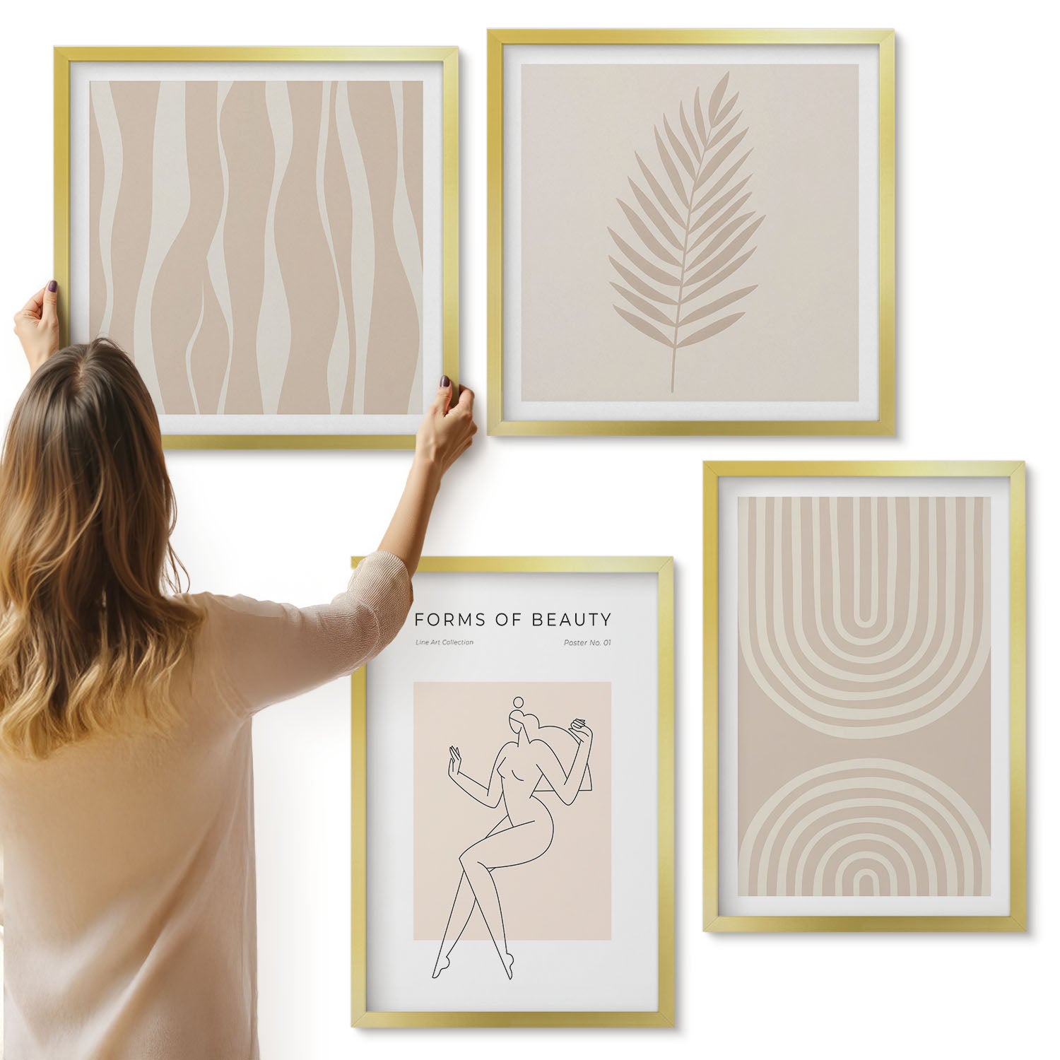 Galeria ścienna 4-częściowy komplet obrazów w złotych ramach - Abstrakcyjne wzory delikatne boho dekoracje - ArtPrintCave