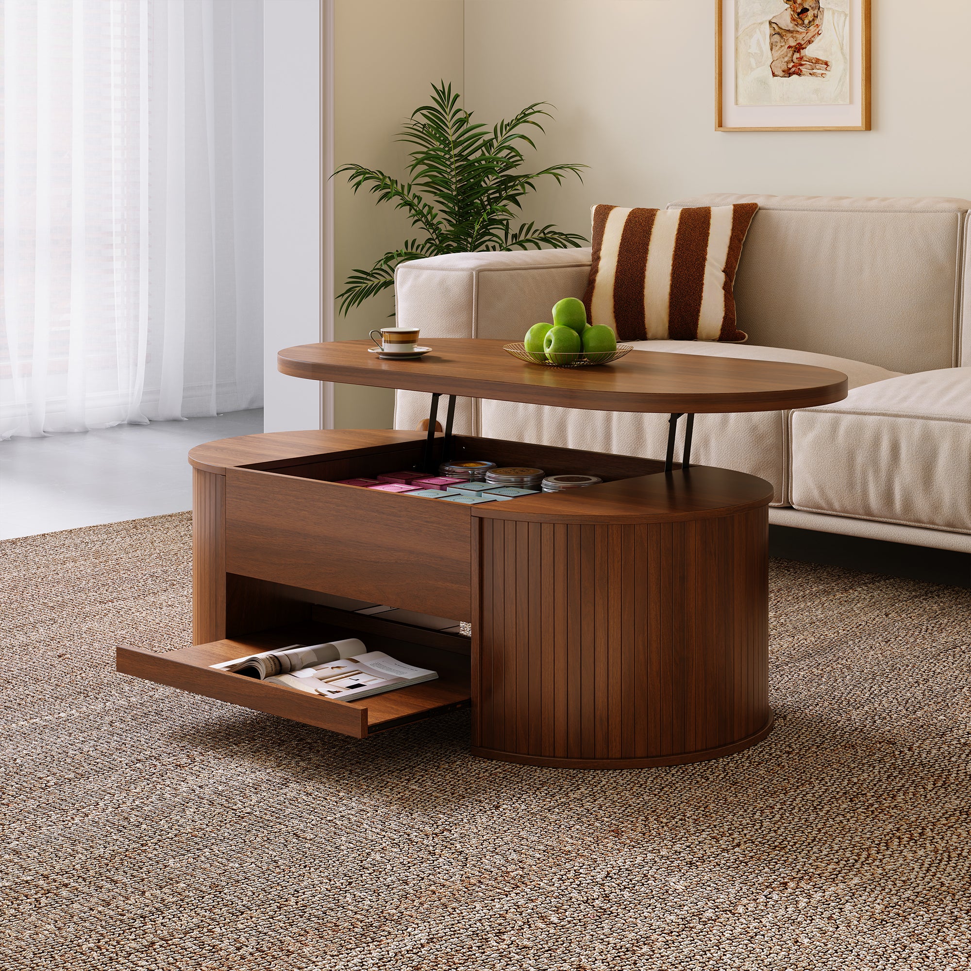 Podnoszony stolik kawowy z 1 owalną szufladą - 110 x 55,5 x 55 cm - MDF - Do salonu - Brązowy