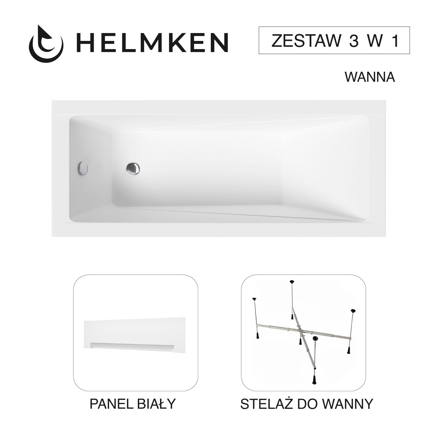 Wanna akrylowa Helmken Rivana 160 х 70 + Panel Biały + Stelaż uniwersalny do wanien Helmken 21230020 / 23095005-3S