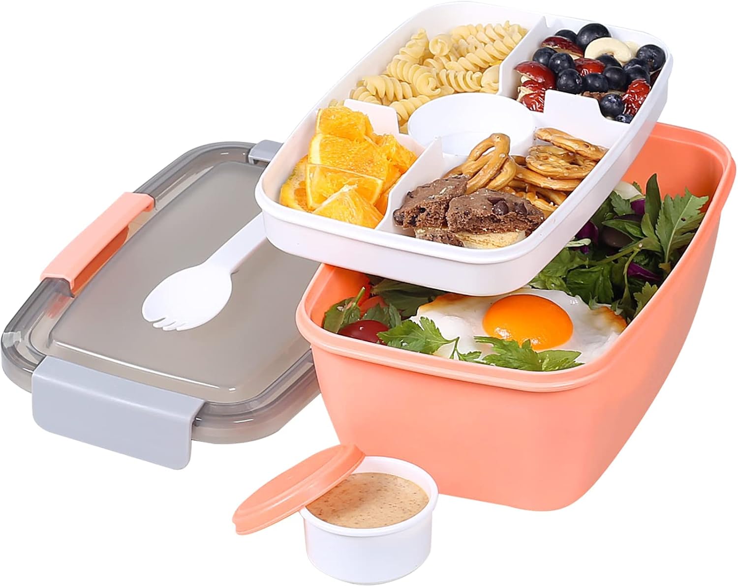 Lunchbox To Go z miską sałatkową o pojemności 2 l, tacą z 5 przegródkami i pojemnikiem na sos, składany, nadaje się do mikrofalówki i mycia w zmywarce