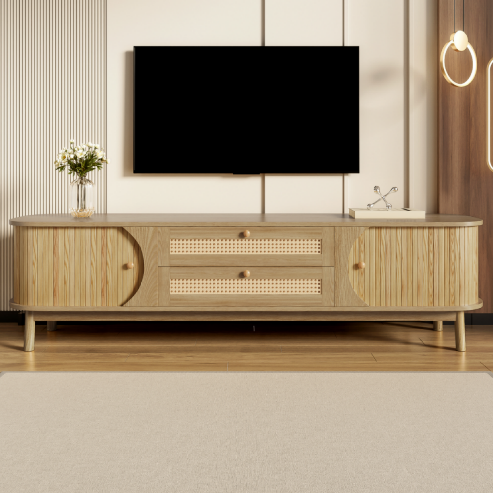 Szafka pod telewizor, dwie drzwi i dwie szuflady, wymiary 170 x 46 x 39,5 cm, wykończenie naturalne.