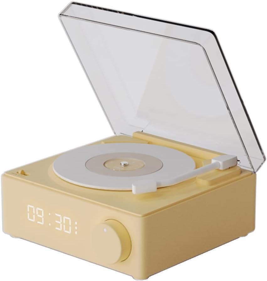 Radiobudzik w stylu gramofonu z głośnikiem Bluetooth 5.0, ulepszonym dźwiękiem, możliwością podłączenia kablem audio i obsługą kart pamięci (żółty)