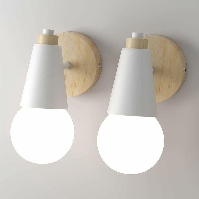 Lampa Ścienna Vintage do Wewnątrz, Rotacyjna Lampa Ścienna 360°, Drewniana Lampa Mur E27, Kinkiety do Sypialni, Kuchni (2 sztuki-Biała)