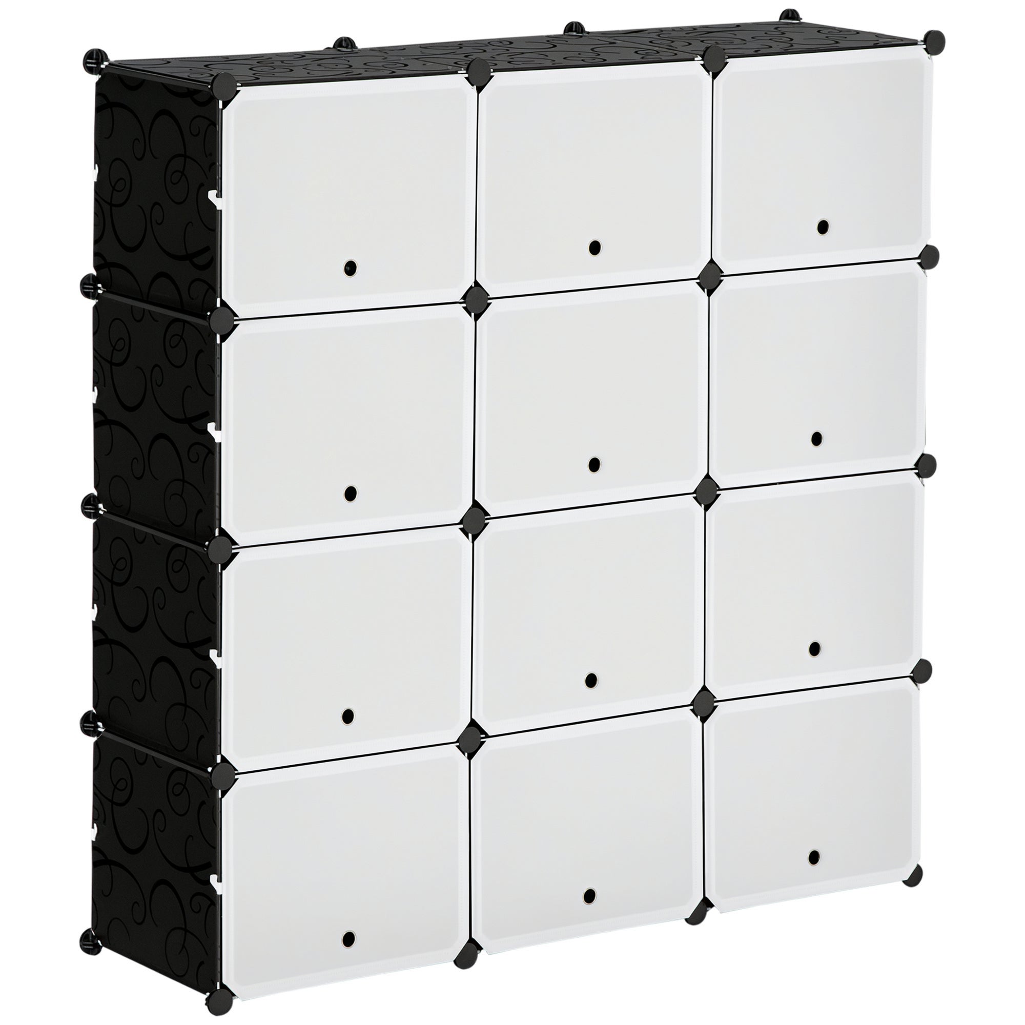 Modułowy system regałów, półki łączone, składający się z 12 sześcianów o wymiarach 125 x 32 x 125 cm, z tworzywa sztucznego i czarnej stali.