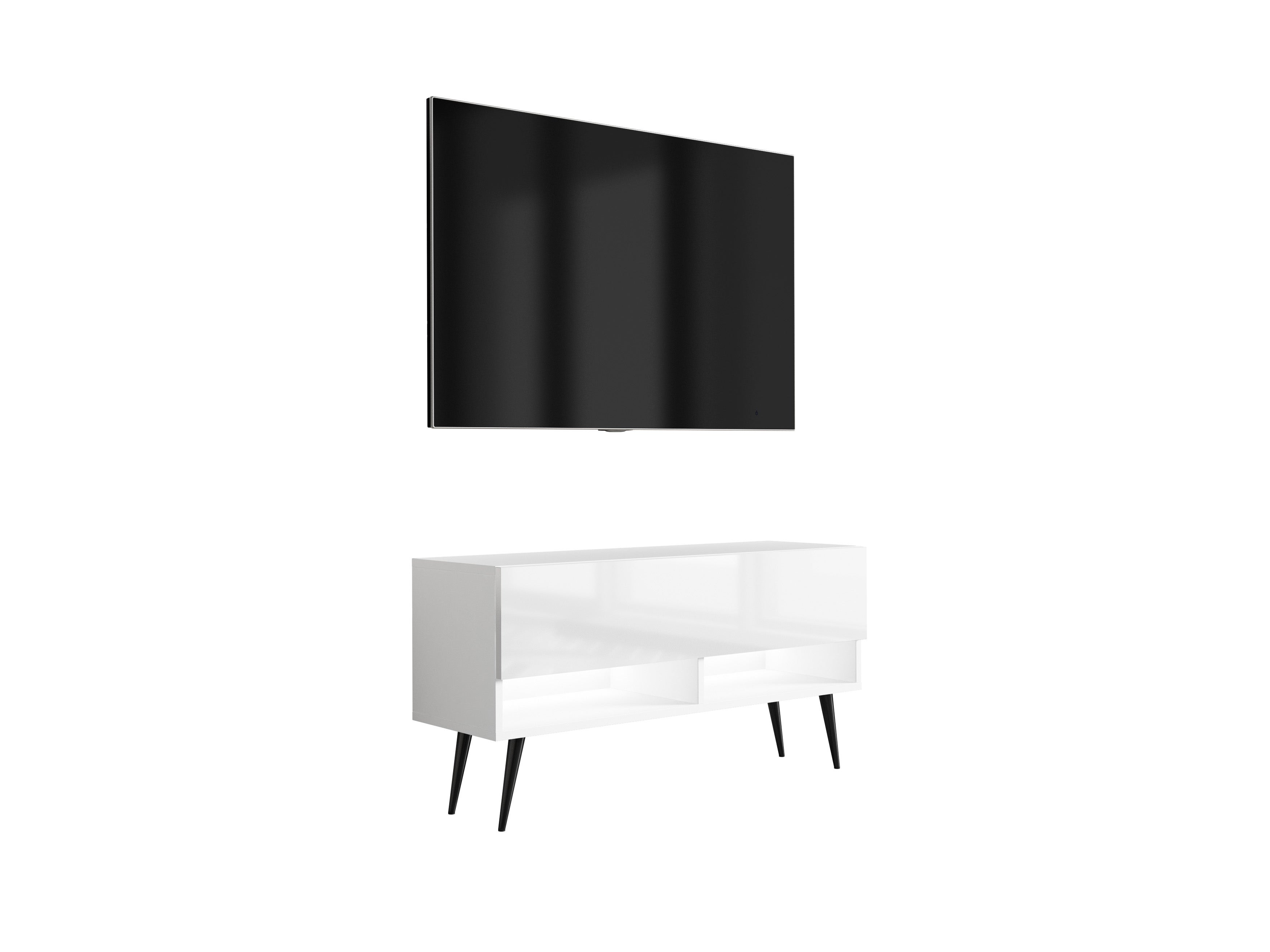 Szafka pod telewizor 100 cm Biały Mat / Biały Połysk, nóżki pochyłe czarne, LED biały, 100 × 32 × 52 cm
