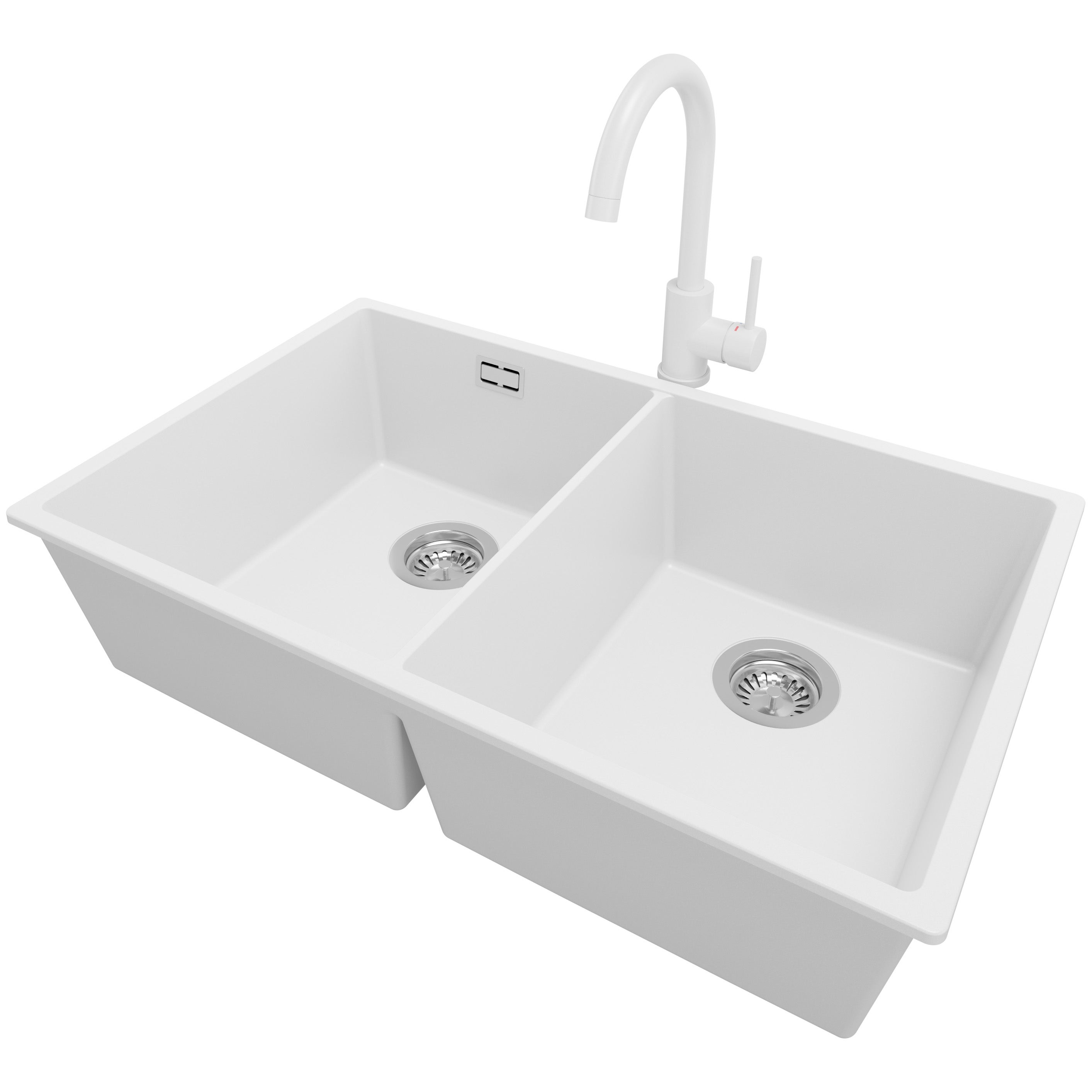 Zlewozmywak Granitowy Biały 76x47cm, Zlew Kuchenny 2 Komorowy + Bateria 32x20cm + Syfon, Nablatowy do szafki od 80cm - Londyn Slim Twin PRIMAGRAN