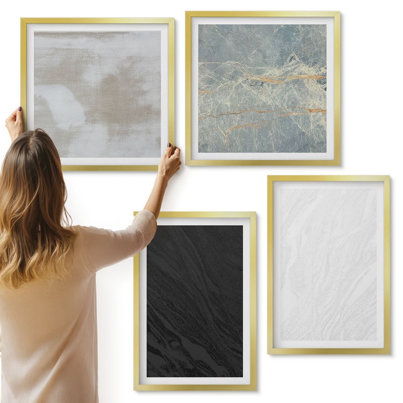 Galeria ścienna 4-częściowy komplet obrazów w złotych ramach - Różne kolory eleganckich struktur kamiennych - ArtPrintCave