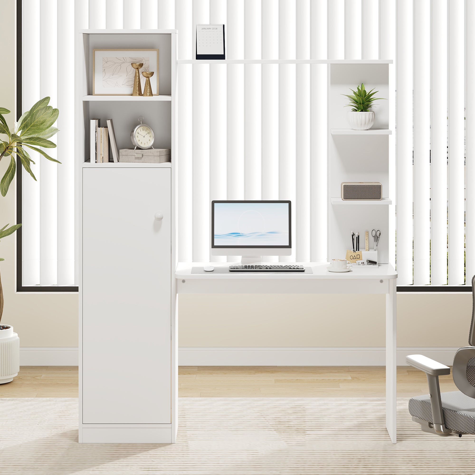 Nowoczesne biurko 123,5x45x168,5 cm - z wieloma schowkami i półkami - 1 drzwi - MDF - białe