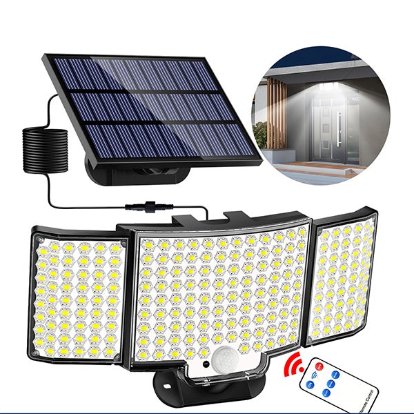 Projector Solaire Extérieur 212 LED - Biała światłość - Szeroki kąt 270° - 3 tryby za pomocą pilota - Czujnik ruchu - Kabel 5m - Do garażu