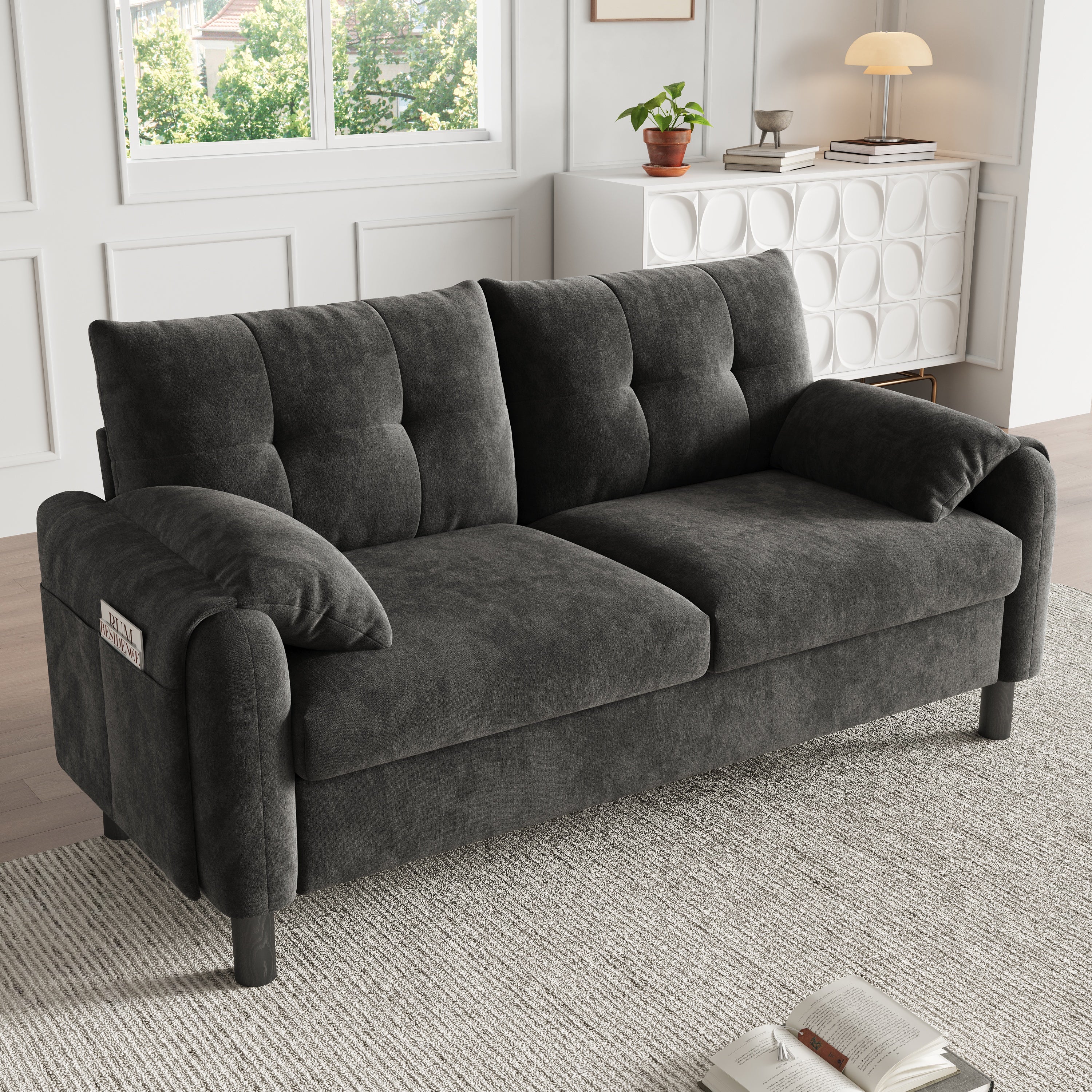 Nowoczesna sofa 2-osobowa z grubymi poduszkami - 158 x 80 x 88,5 cm - Tkanina szenilowa - Szara