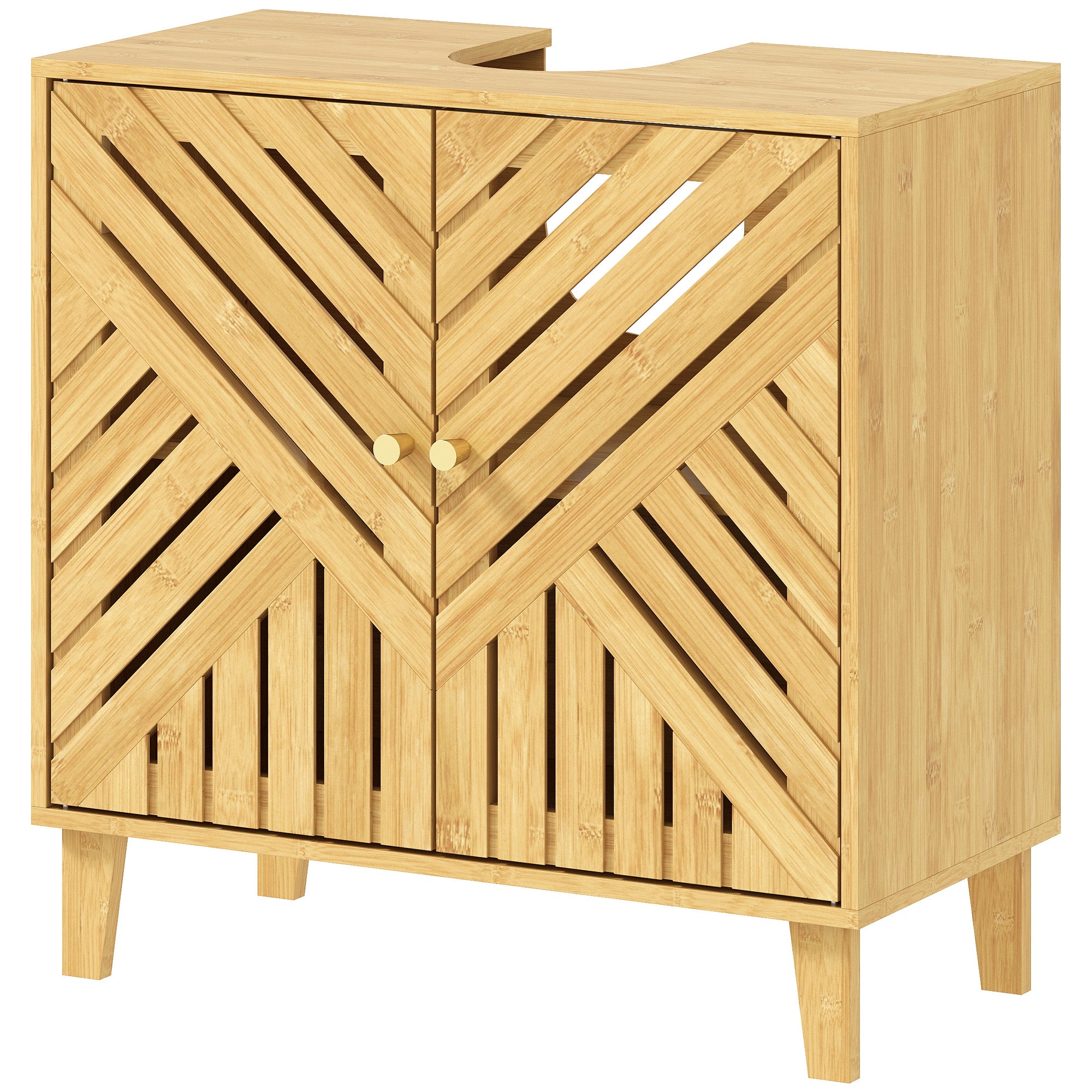 Naturalna szafka pod zlewozmywak z bambusa z 2 drzwiami listwowymi i regulowaną półką na umywalkę stojącą, 60 x 30 x 60 cm