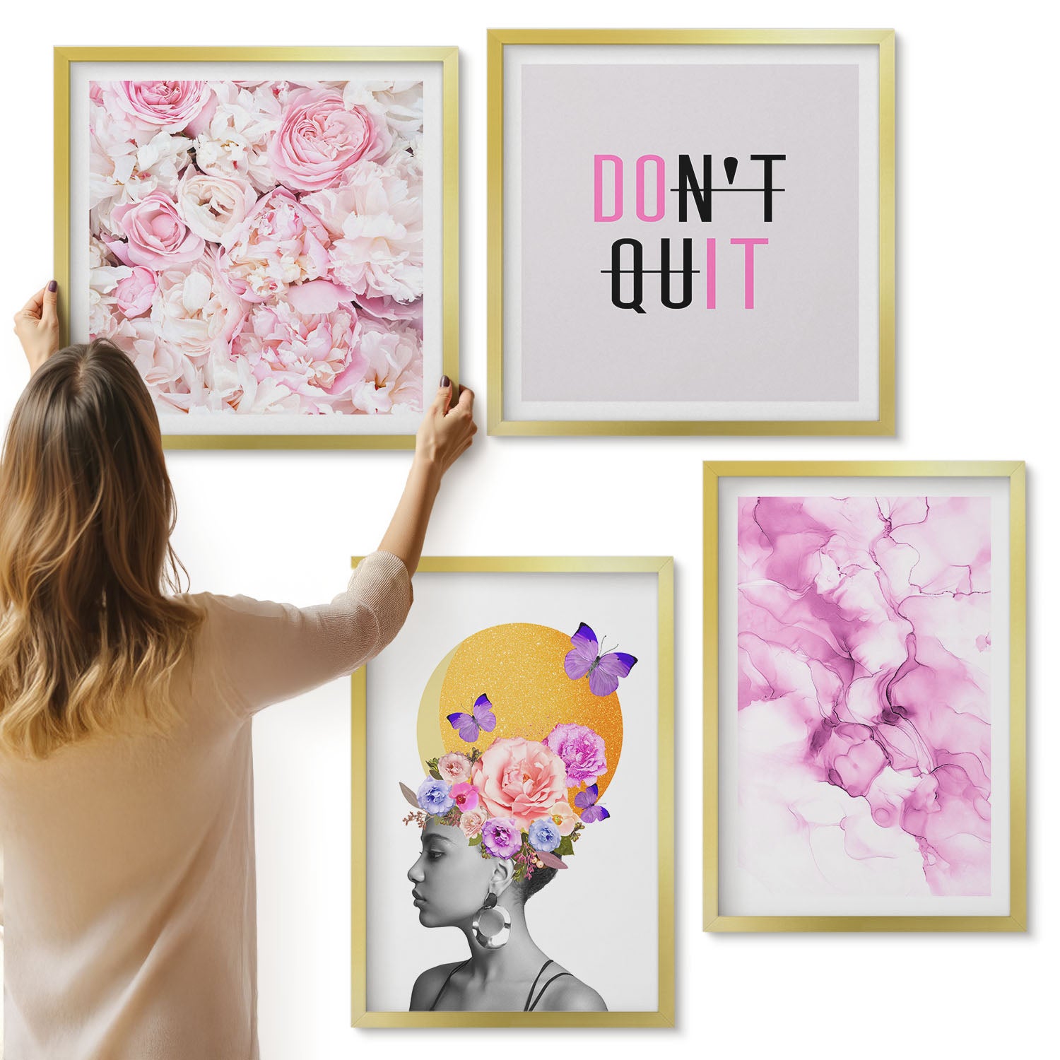 Galeria ścienna 4-częściowy komplet obrazów w złotych ramach - Inspirujący napis kwiaty abstrakcja portret kobiety - ArtPrintCave