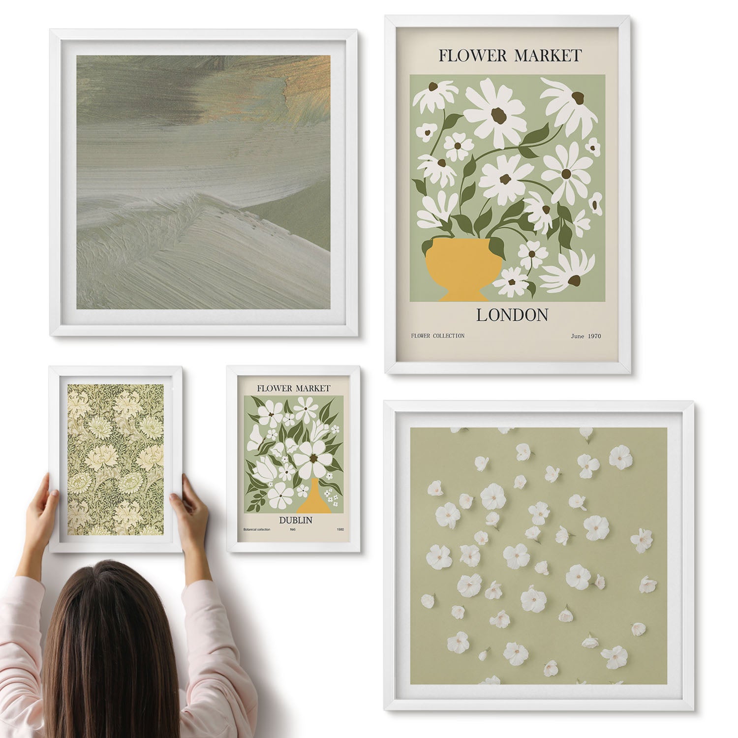 Galeria ścienna 5-częściowy komplet obrazów w białych ramach - Kwiatowe motywy na tle miejskich rynków i pejzaży - ArtPrintCave