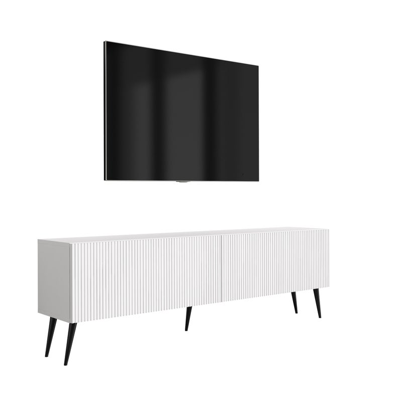Szafka pod telewizor 170, fronty ryflowane, Biały Mat, nóżki pochyłe czarne, 170 × 32 × 52 cm
