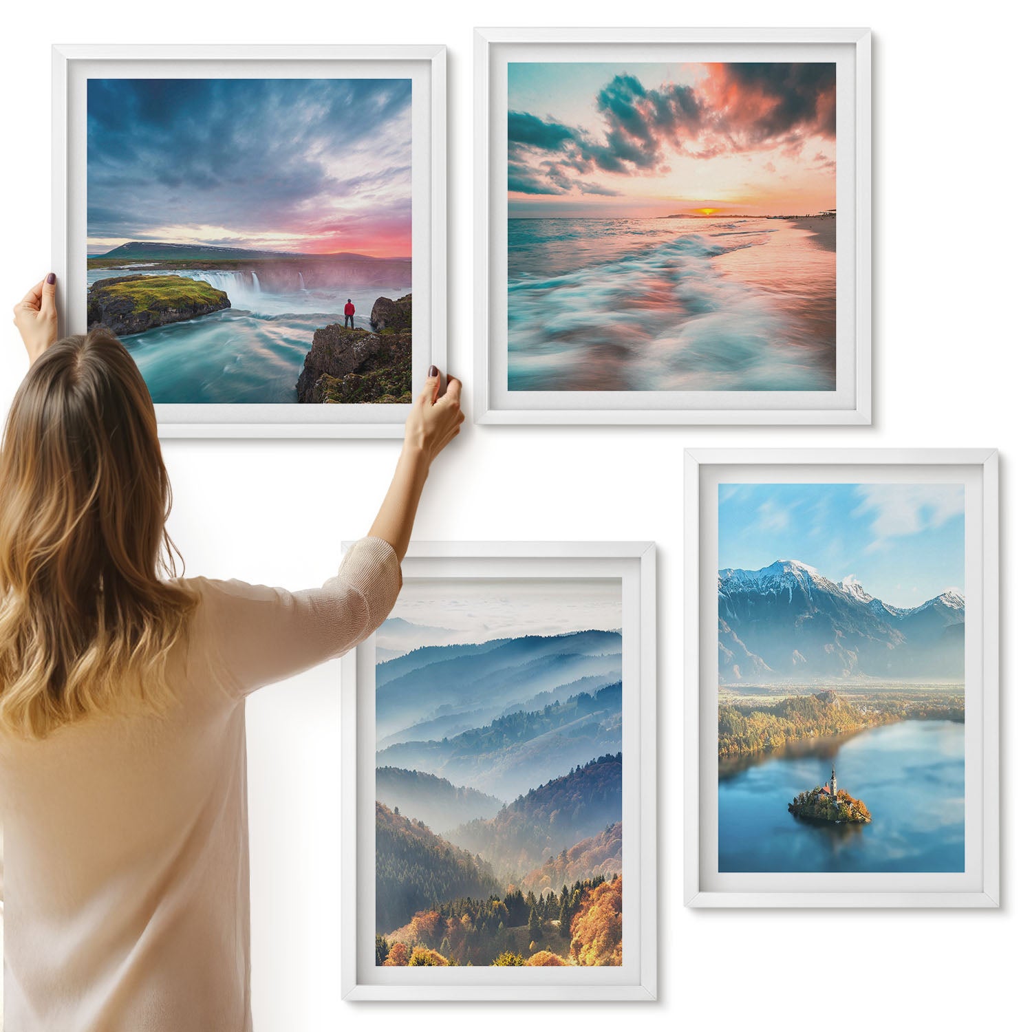Galeria ścienna 4-częściowy komplet obrazów w białych ramach - Malownicze krajobrazy górskie i wodospady w naturze - ArtPrintCave