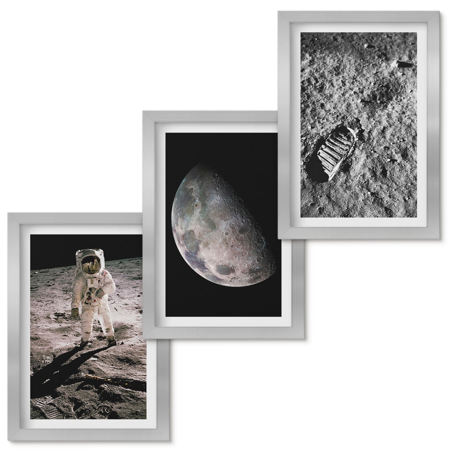 Zestaw obrazów w ramie - 3 części | Astronauta na Księżycu ślad stopy zdjęcia | Srebrna ramka