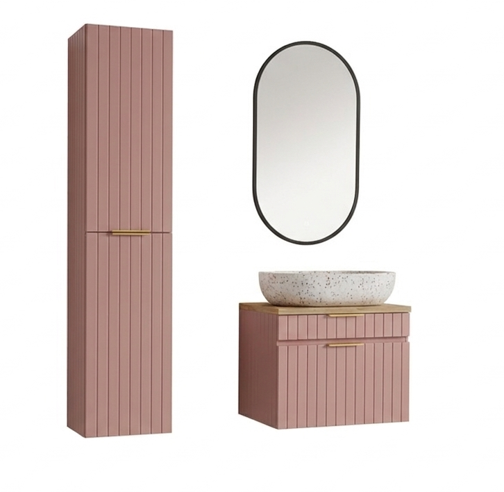 Zestaw mebli łazienkowych 60cm Comad Iconic Rose z umywalką nablatową szafką wysoką i lustrem