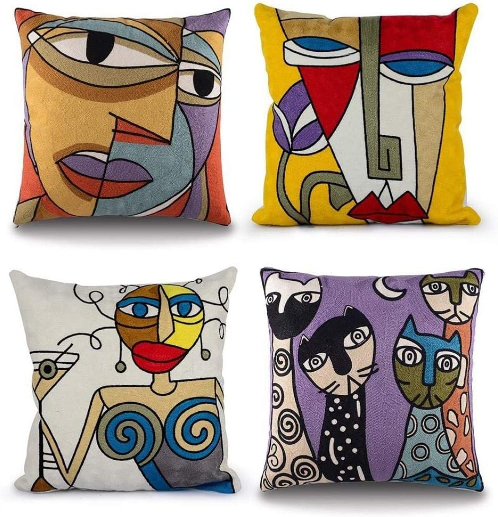 Poszewki na poduszki Picasso – zestaw 4 sztuk, abstrakcyjny wzór vintage, 45x45 cm, idealne do nowoczesnej sofy i sypialni