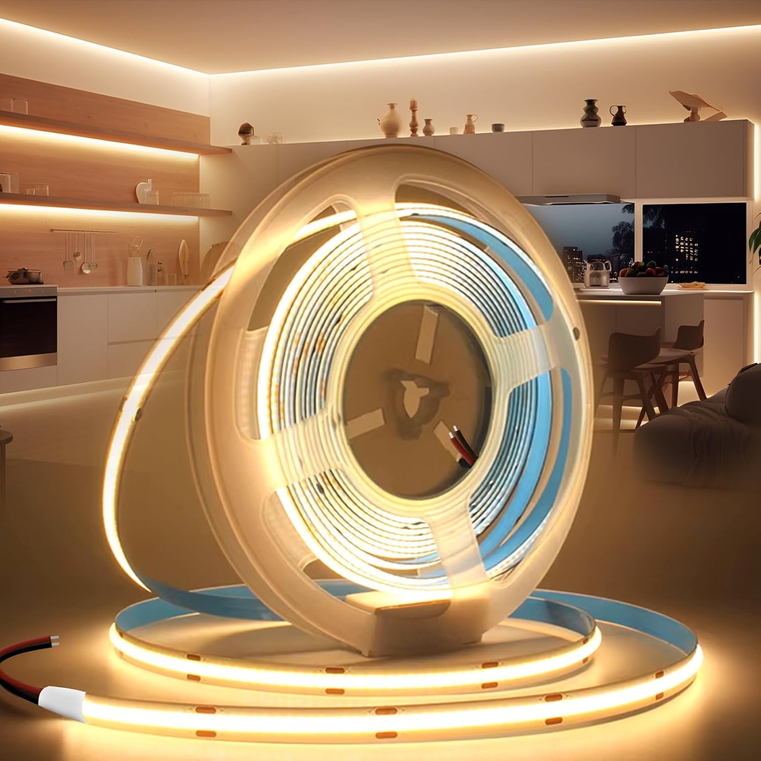 Taśma LED COB 5M 24V, samoprzylepna, ciepła, biała, 3000K, elastyczna, 320 diod LED/m, szerokość 8 mm, możliwość cięcia, CRI>90, oświetlenie wewnęt