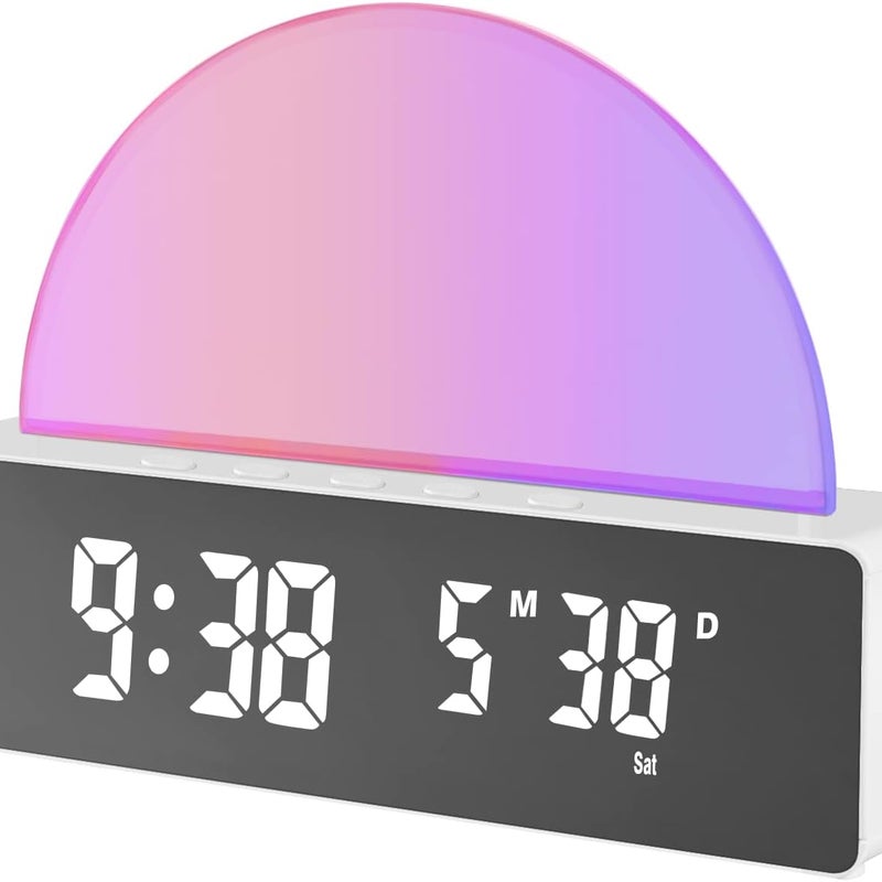 Podświetlany budzik z 10 trybami kolorów, cyfrowy zegar LED z datą/temperaturą, port ładowania USB, funkcja drzemki i tryb nocny (biały)
