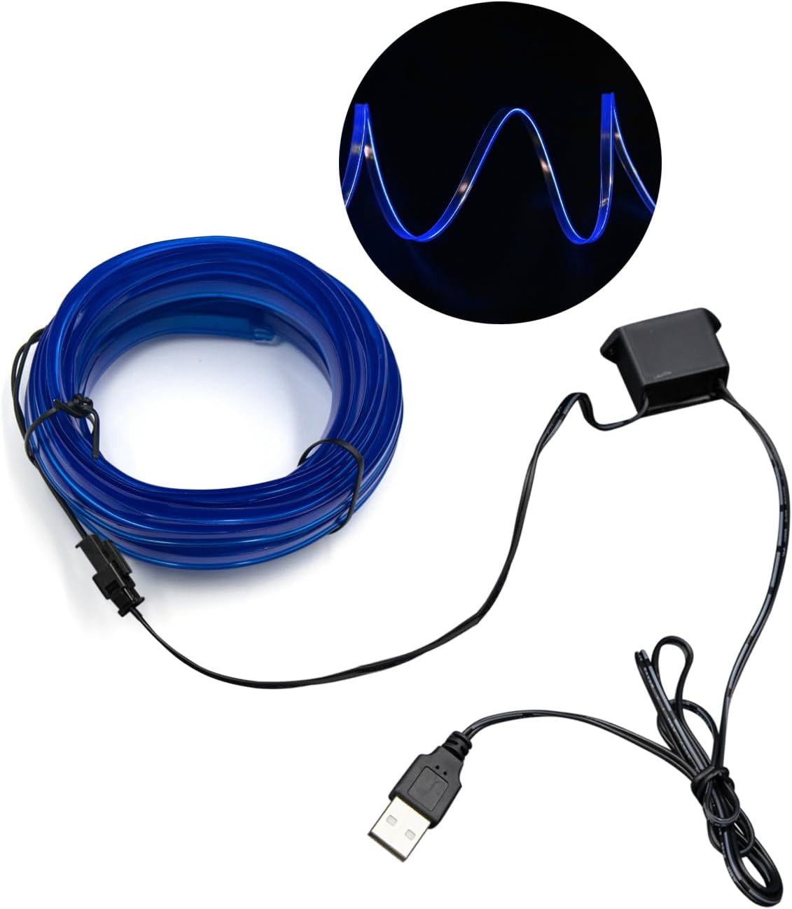 (Niebieski) pasek świetlny LED EL Wire do wnętrza samochodu, przewód neonowy USB z 6 mm obszytą krawędzią, 500,4 cm, przewód elektroluminescencyjny (E