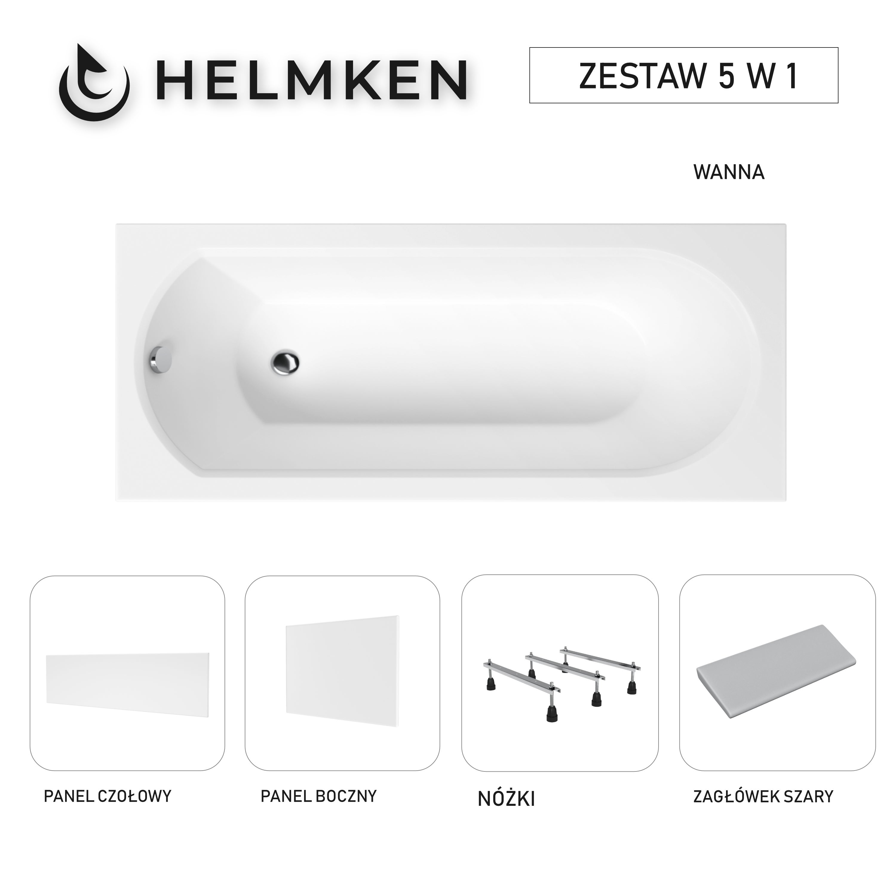 Wanna akrylowa Helmken Tressa 170 x 75 + Panel czołowy i boczny Biały + Zagłówek szary + Nóżki / 23097003ZW