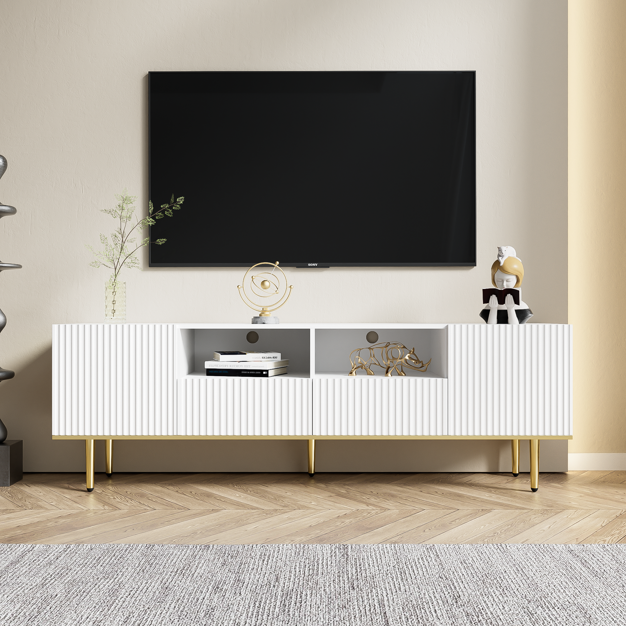 TV-Schrank z złotymi stopkami i brzegiem - czarno-złoty, 165x36x55cm, particle board