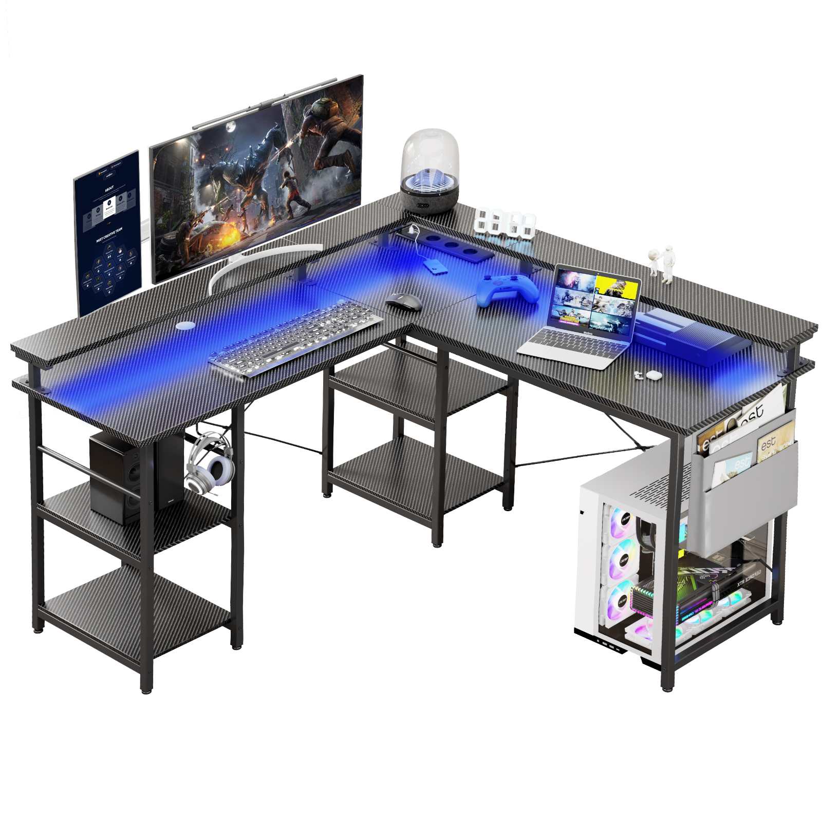 Biurko gamingowe w kształcie litery L z oświetleniem LED, wbudowanymi gniazdkami elektrycznymi i regulowanymi półkami 140x140 cm