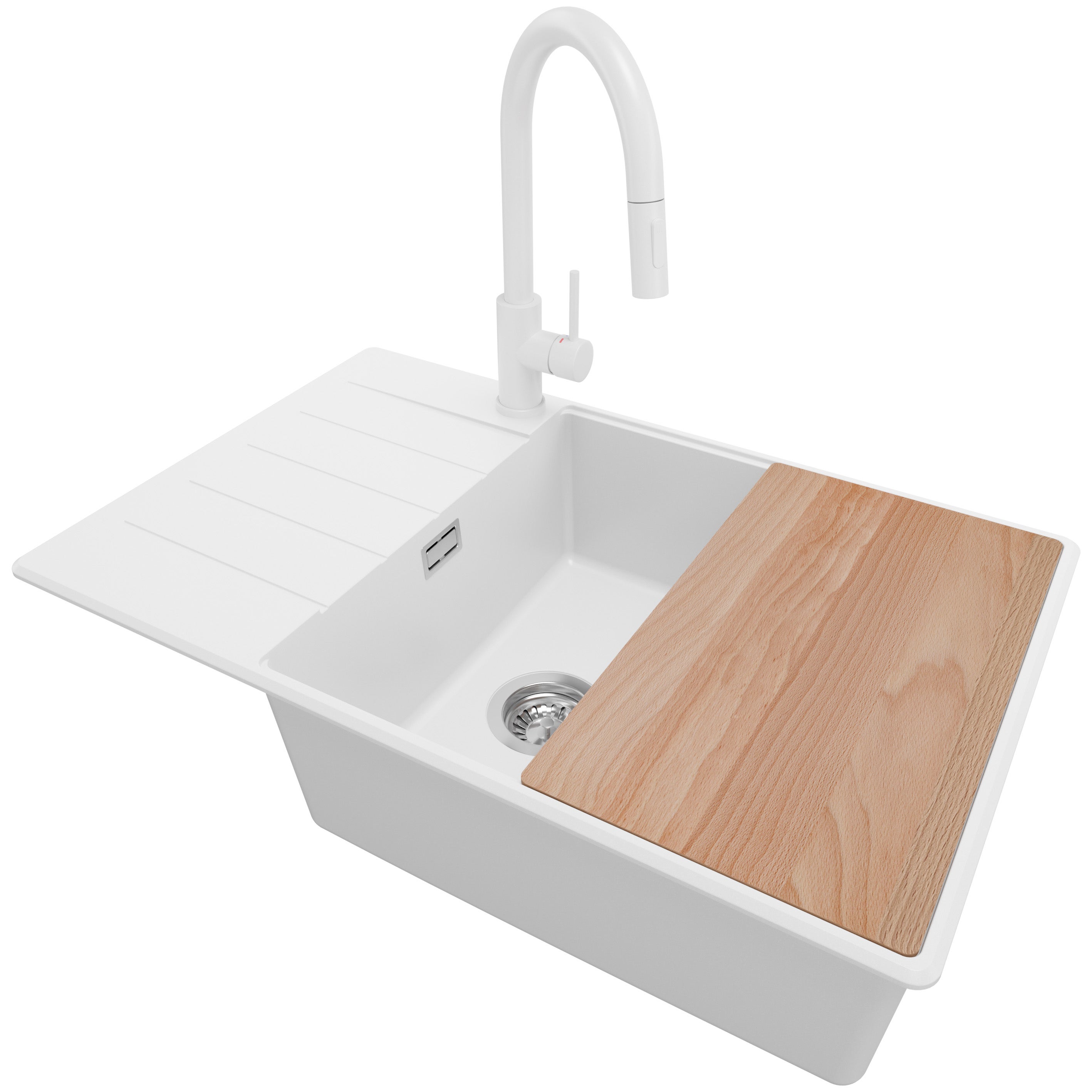 Zlewozmywak Granitowy Biały 78x50cm, Zlew Kuchenny 1 Komorowy + Bateria 40x20cm + Syfon + Deska, Nablatowy do szafki od 60cm - Kopenhaga PRIMAGRAN