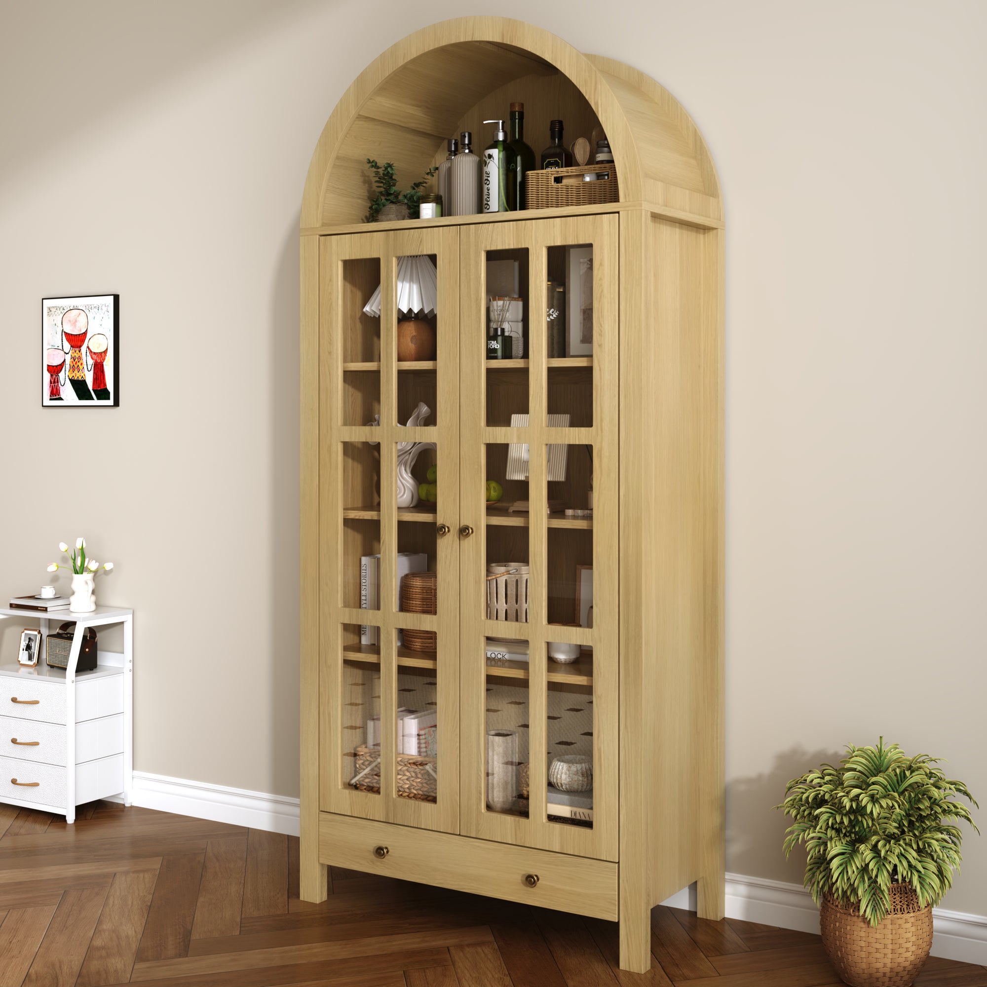 Nowoczesna witryna/szafa wysoka zaokrąglona 75x35x170.5cm - z 2 drzwiami i 1 szufladą - regulowana półka - Naturalny