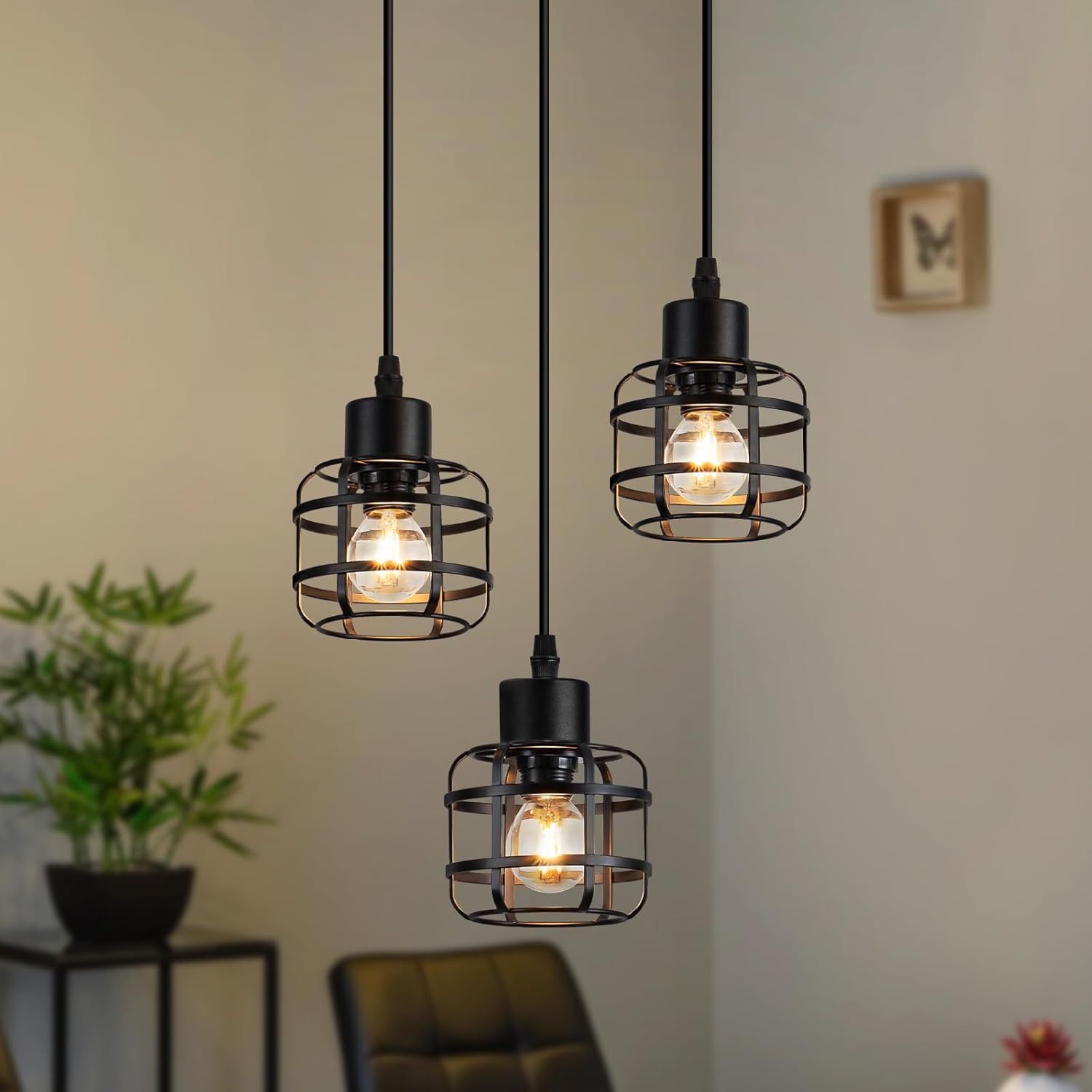 Lampa wisząca Nettlife Vintage z trzema żarówkami – czarny metalowy żyrandol E14 w stylu retro – regulowana wysokość (żarówki nie są dołączone)