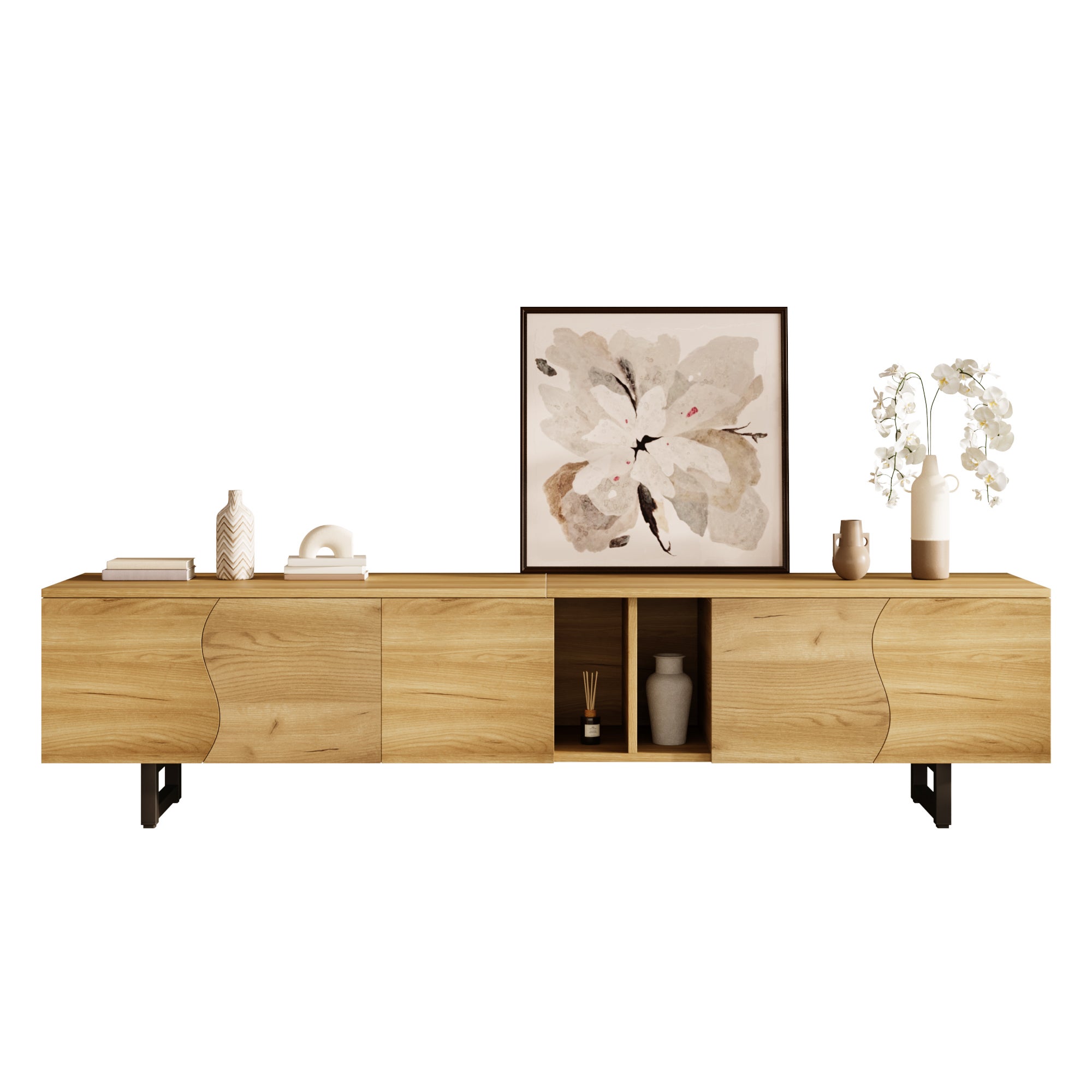 TV-Schrank mit Holzmaserung - geschlossene Schränke + offene Regale, natur, 191x38x46,5 cm