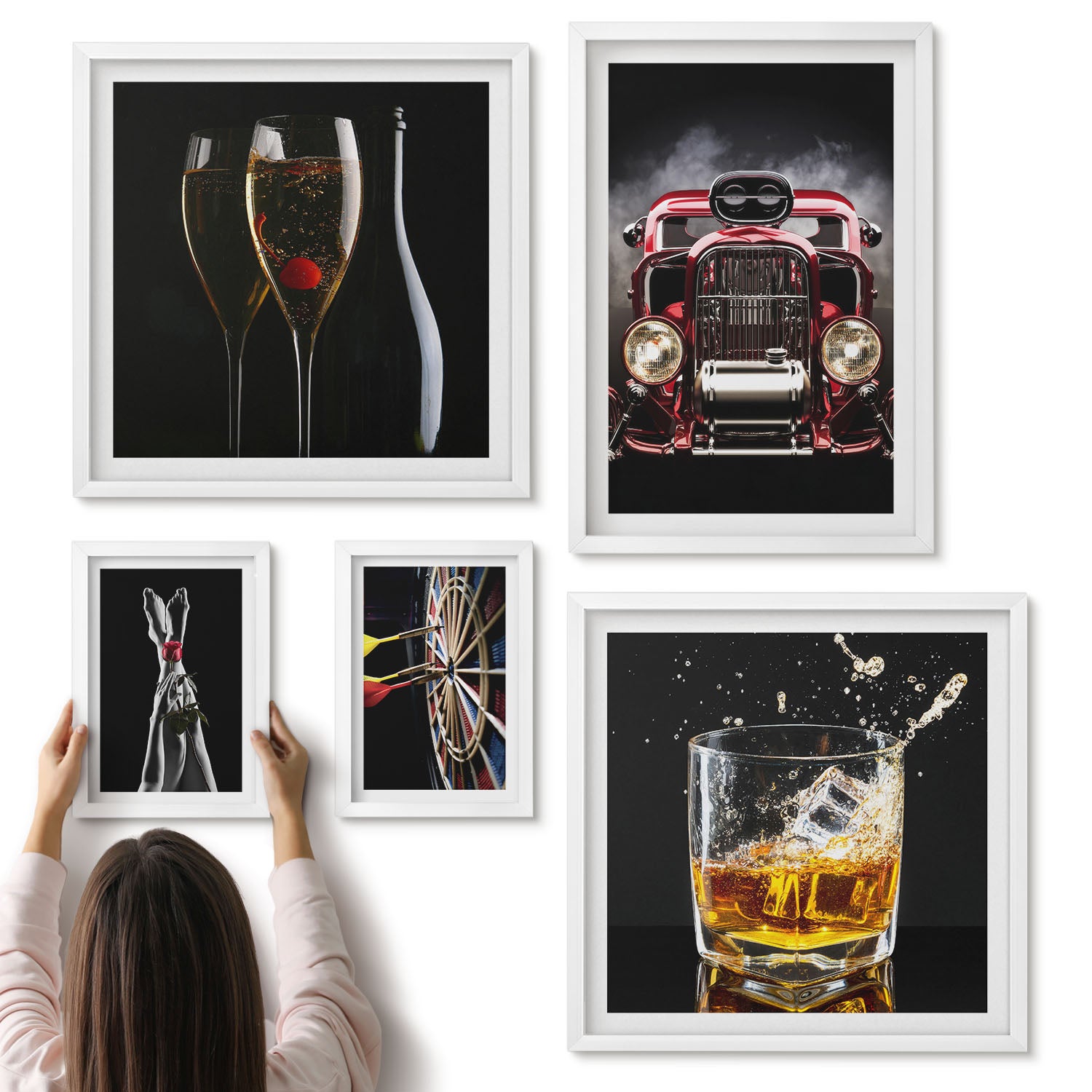 Galeria ścienna 5-częściowy komplet obrazów w białych ramach - Stylowe motywy retro z samochodami i drinkami - ArtPrintCave