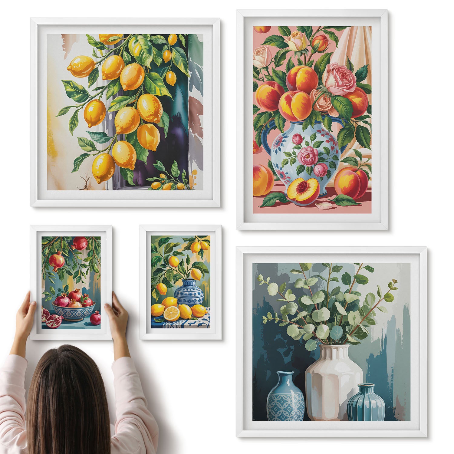 Galeria ścienna 5-częściowy komplet obrazów w białych ramach - Owocowe kompozycje z kwiatami i naczyniami ceramicznymi - ArtPrintCave