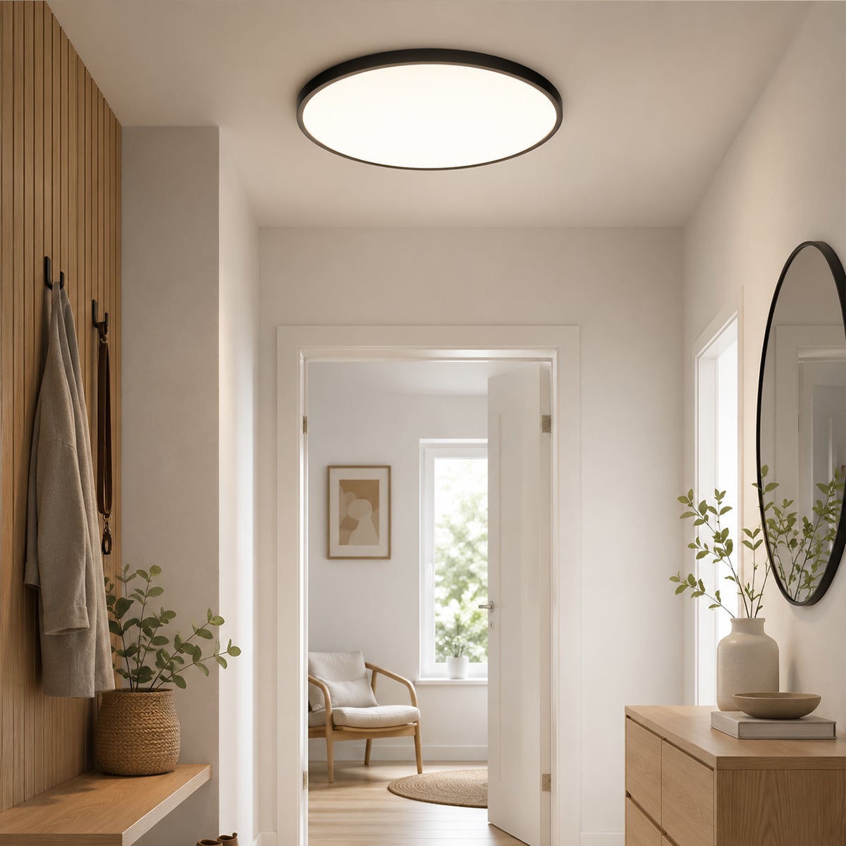 Okrągły plafon LED ultracienki Ø 23 cm 24 W czarny płaski panel 3 barwy światła sterowane włącznikiem ściennym Lampa sufitowa do salonu sypialni