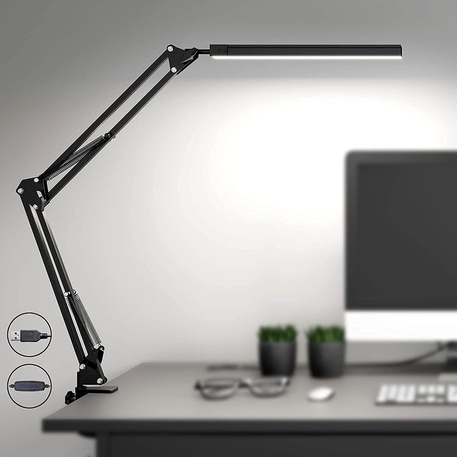 Lampka biurkowa i do czytania LED z USB, ramię wahadłowe i zacisk, możliwość ściemniania i 3 tryby kolorów dla ochrony oczu