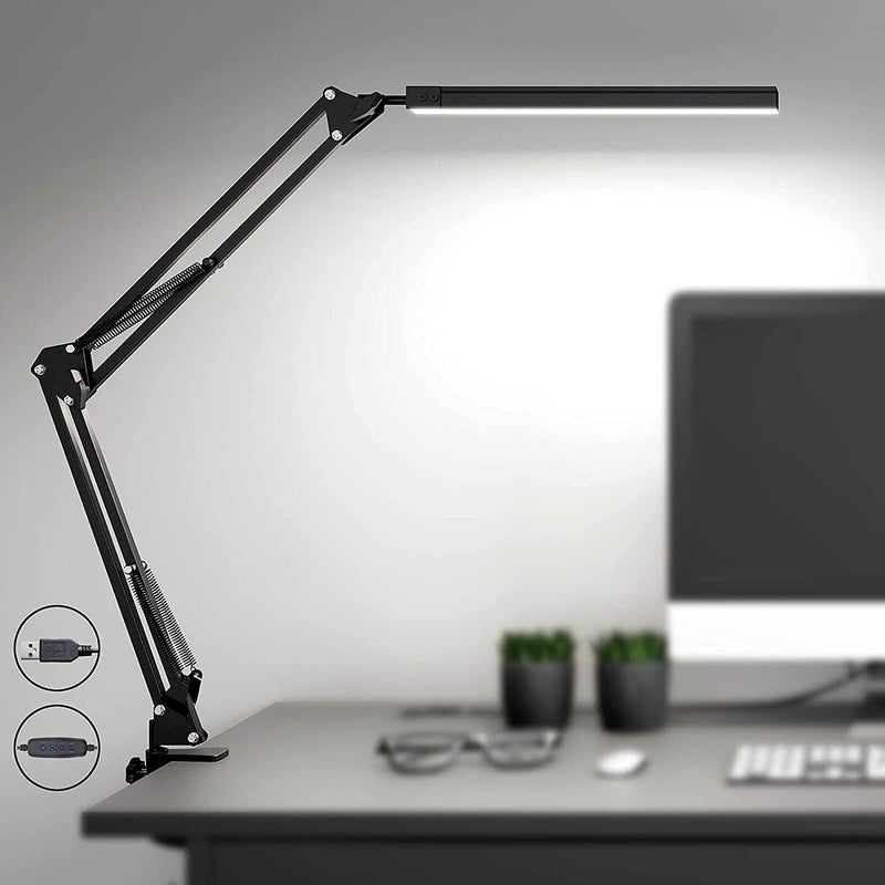 Lampka biurkowa i do czytania LED z USB, ramię wahadłowe i zacisk, możliwość ściemniania i 3 tryby kolorów dla ochrony oczu