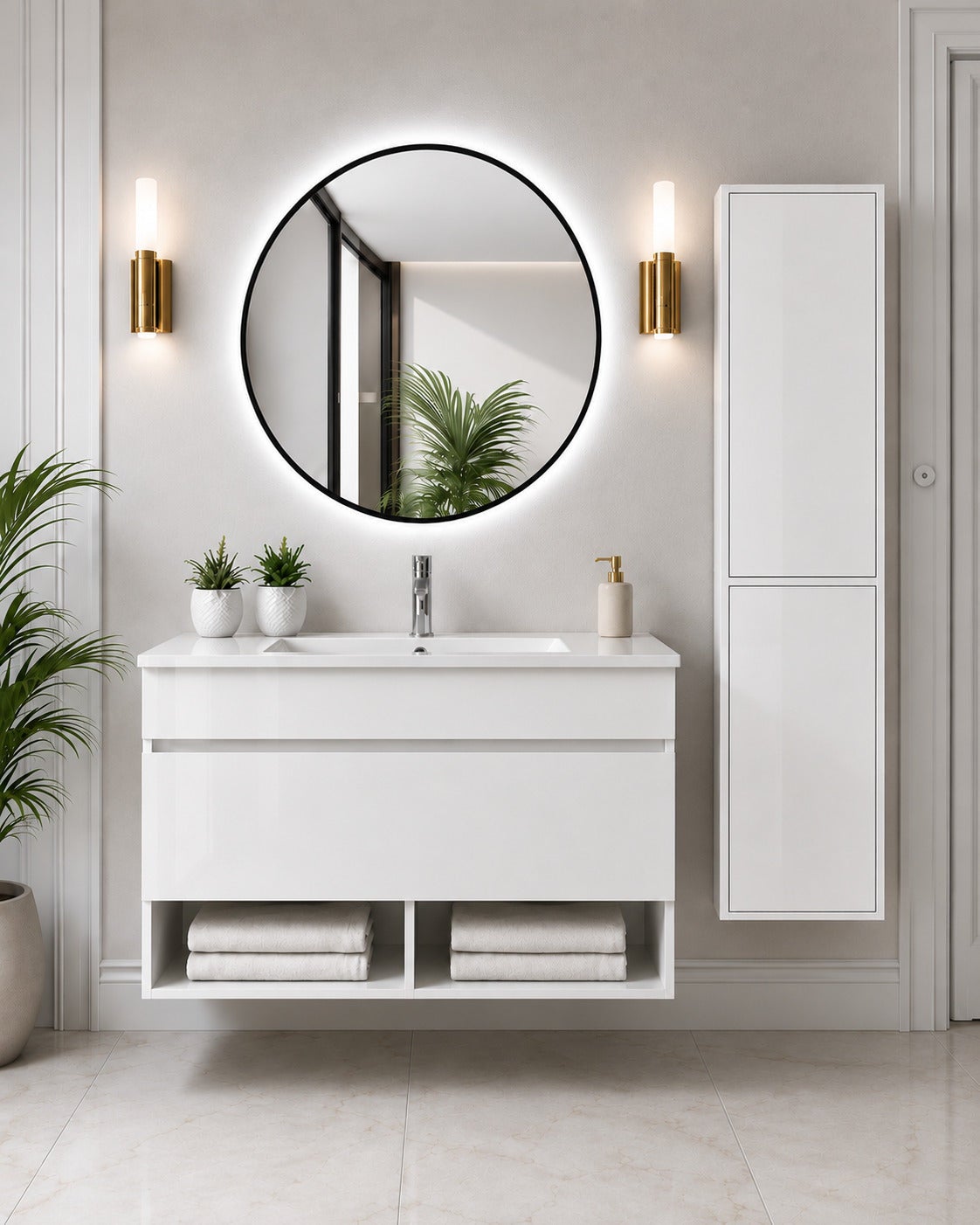 Wisząca szafka łazienkowa z umywalką ORIGENBATH NEBARI z szufladą z kolumną 100x40 cm biały z kolumną