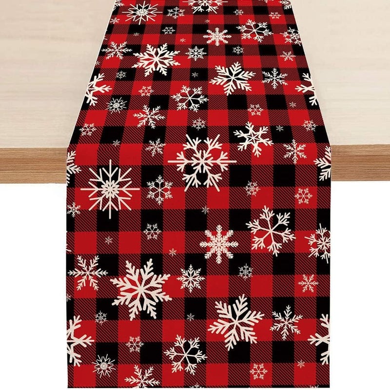 Bieżnik na stół bożonarodzeniowy, 33 x 183 cm, czerwony wzór w płatki śniegu, lniany bieżnik na stół do zimowych dekoracji świątecznych