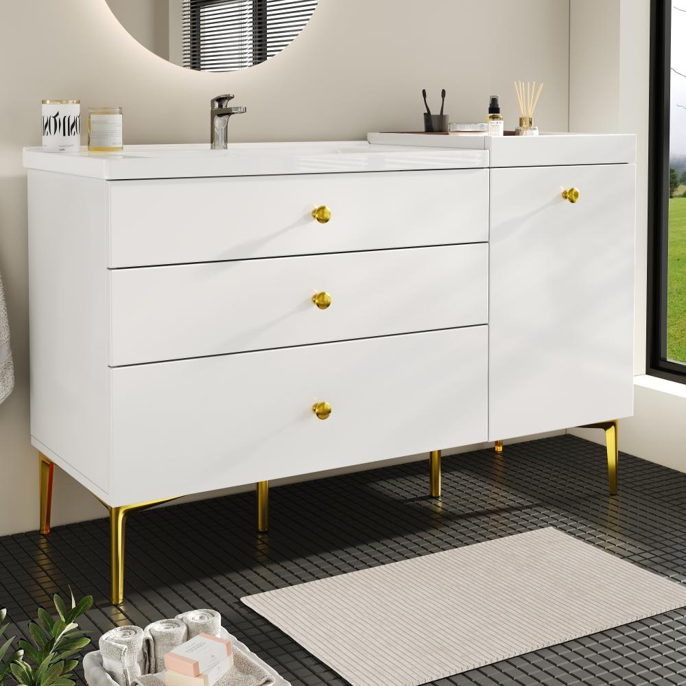 Biało-złota szafka łazienkowa – umywalka ceramiczna, szuflady i szafka, płyta MDF – 120×47,5×80 cm – nowoczesna