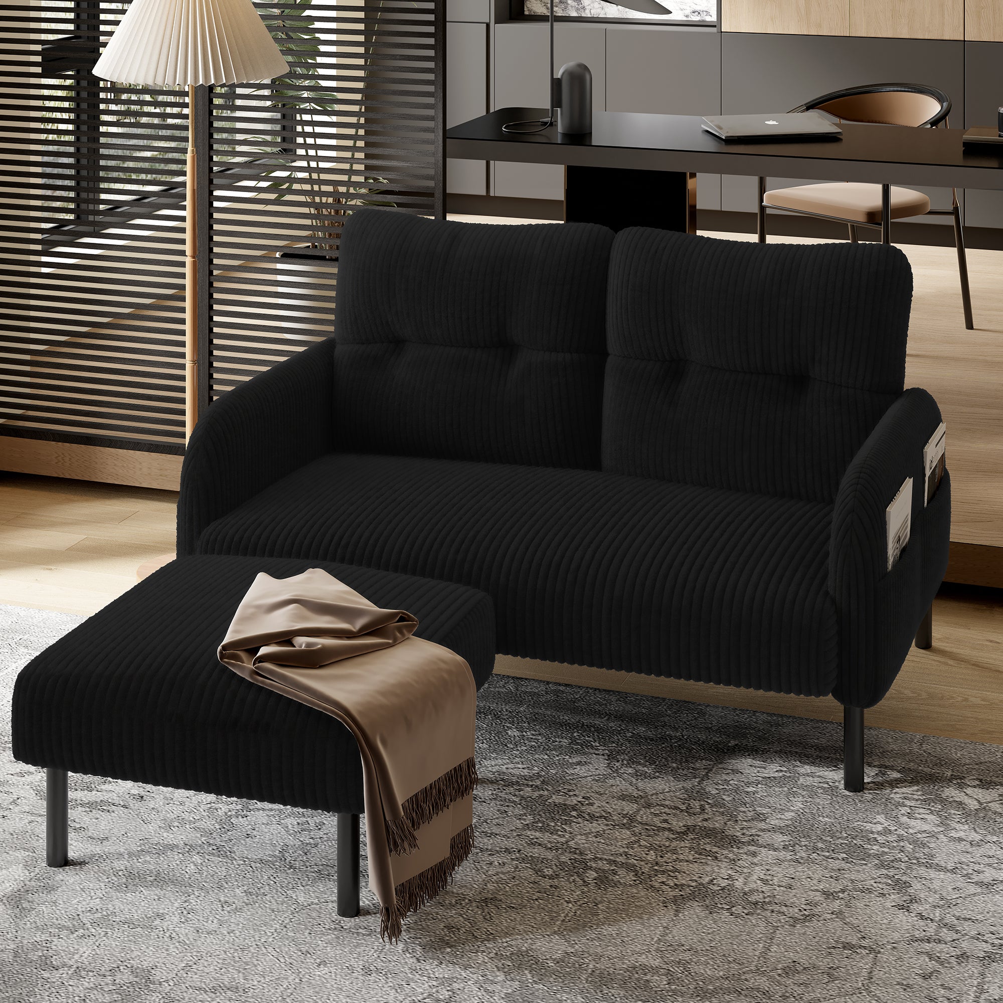 Sofa 2-Osobowa Sztruksowa z Kieszeniami Bocznymi, Wysokie Oparcie Ergonomiczne, Metalowe Nogi do Salonu i Biura