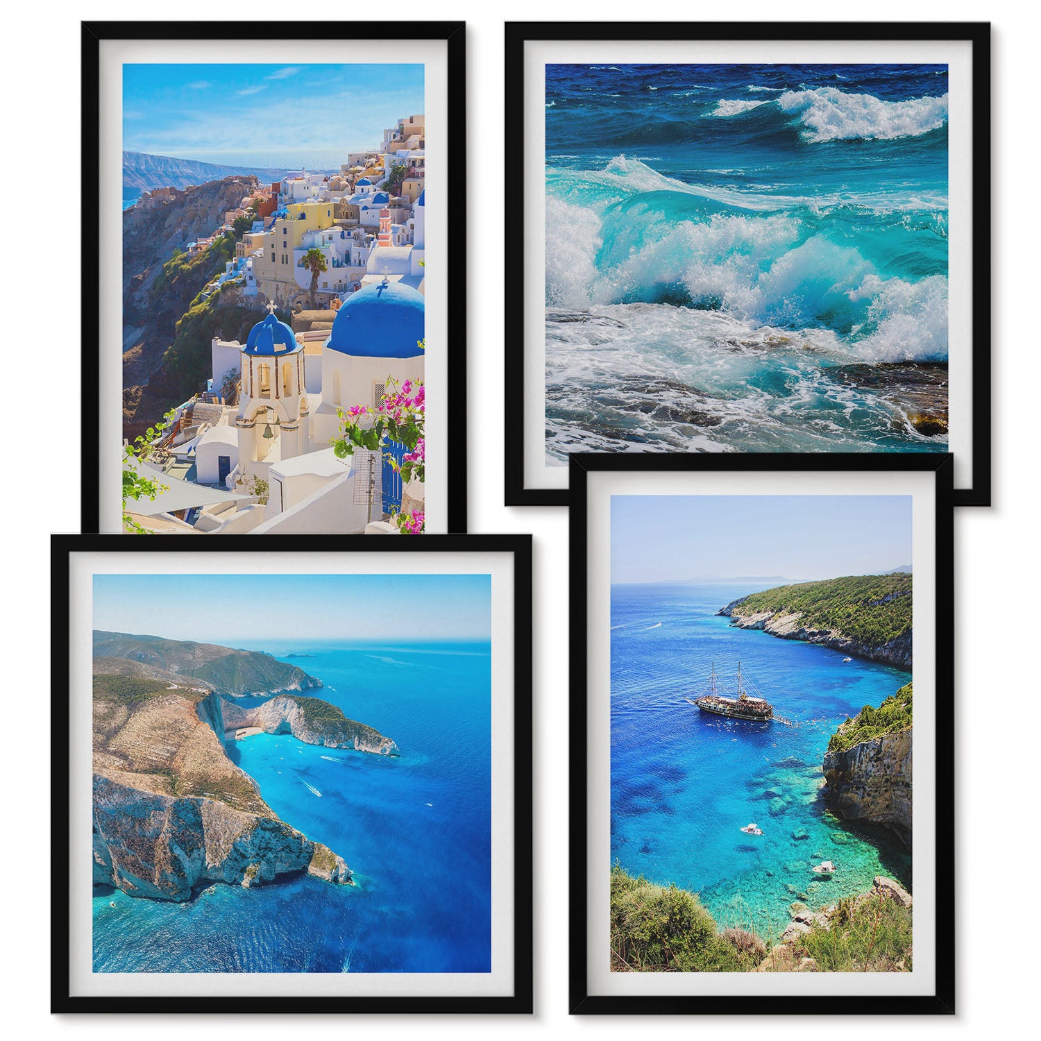 Zestaw obrazów w ramie - 4 części | Greckimi nadmorskie widoki i Santorini miasto Oia | Czarna ramka