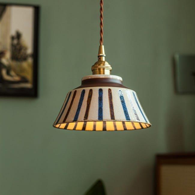 Lampa wisząca ceramiczna z glazurą, żyrandol vintage z żarówką, mała lampka nocna LED, lampa sufitowa porcelanowa, φ18 cm, ciepłe światło 3000 K
